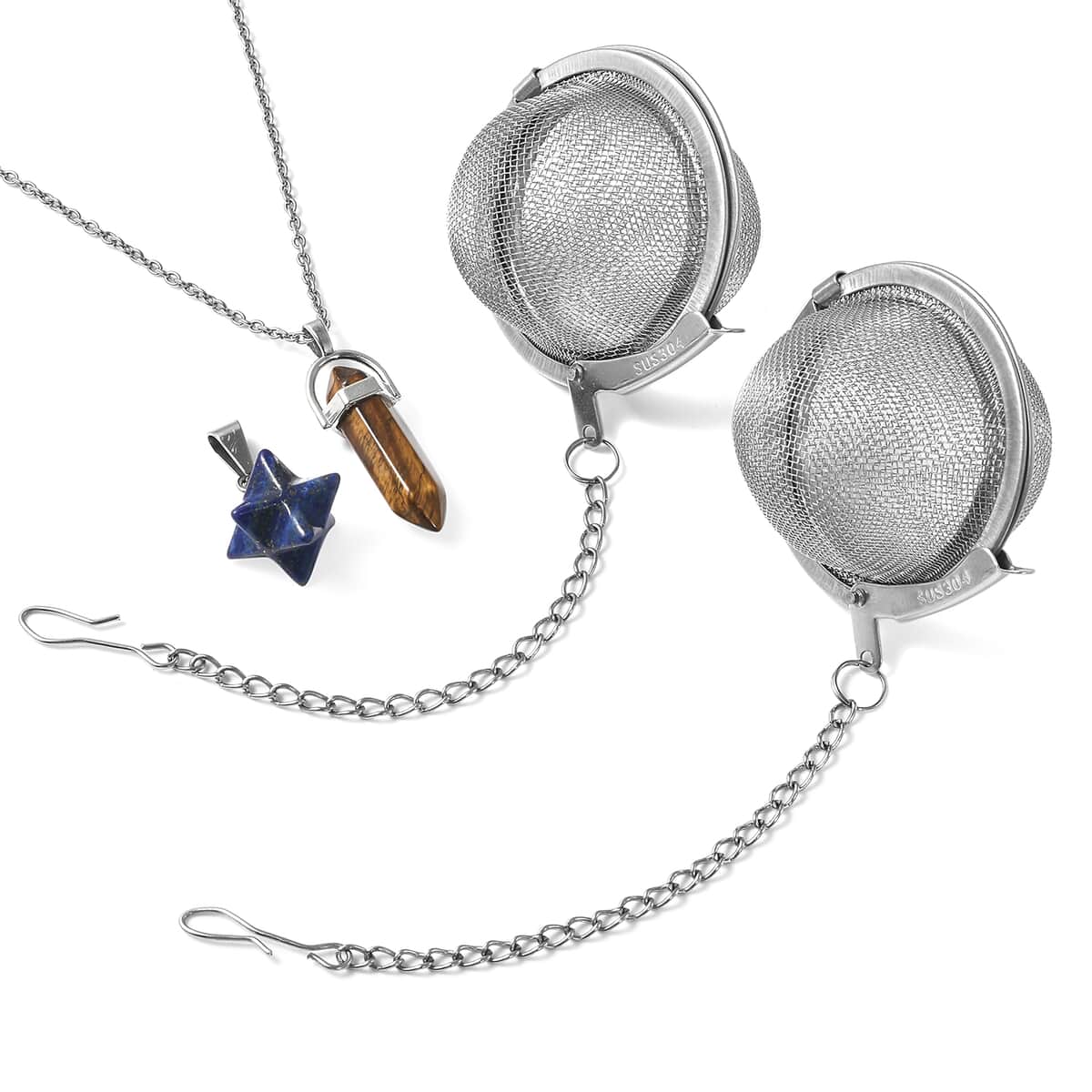 Lapis and South African Yellow Tiger's Eye merkaba and Elongated Set of 2 Pendant Necklace 20 Inches with Set of 2 Tea Diffuser in Silvertone and Stainless Steel 39.00 ctw image number 0