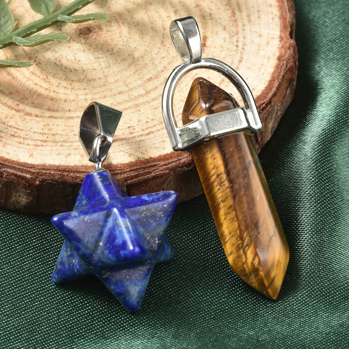 Lapis and South African Yellow Tiger's Eye merkaba and Elongated Set of 2 Pendant Necklace 20 Inches with Set of 2 Tea Diffuser in Silvertone and Stainless Steel 39.00 ctw image number 1