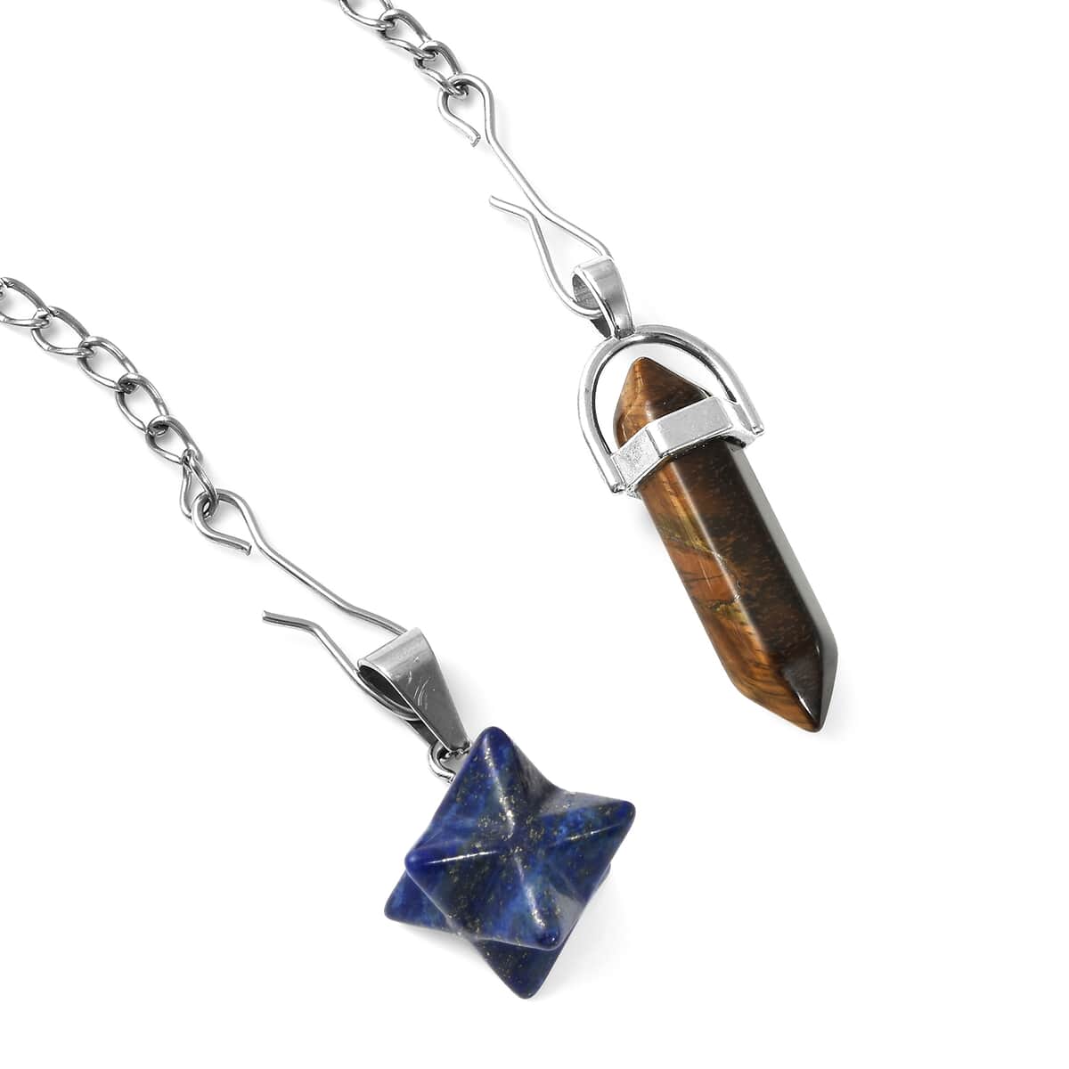 Lapis and South African Yellow Tiger's Eye merkaba and Elongated Set of 2 Pendant Necklace 20 Inches with Set of 2 Tea Diffuser in Silvertone and Stainless Steel 39.00 ctw image number 3