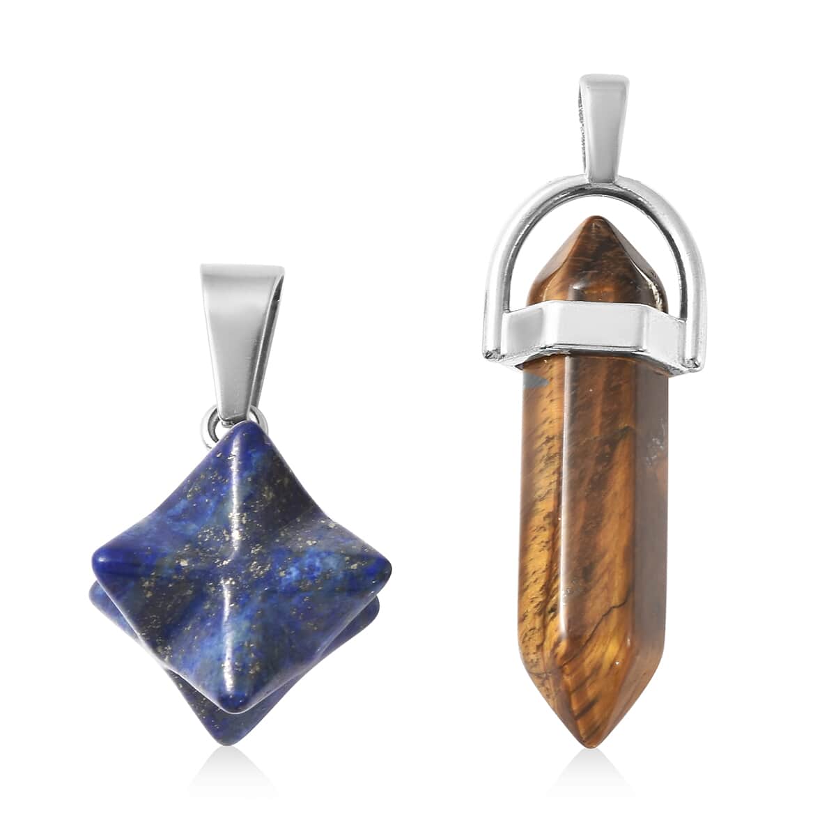 Lapis and South African Yellow Tiger's Eye merkaba and Elongated Set of 2 Pendant Necklace 20 Inches with Set of 2 Tea Diffuser in Silvertone and Stainless Steel 39.00 ctw image number 4
