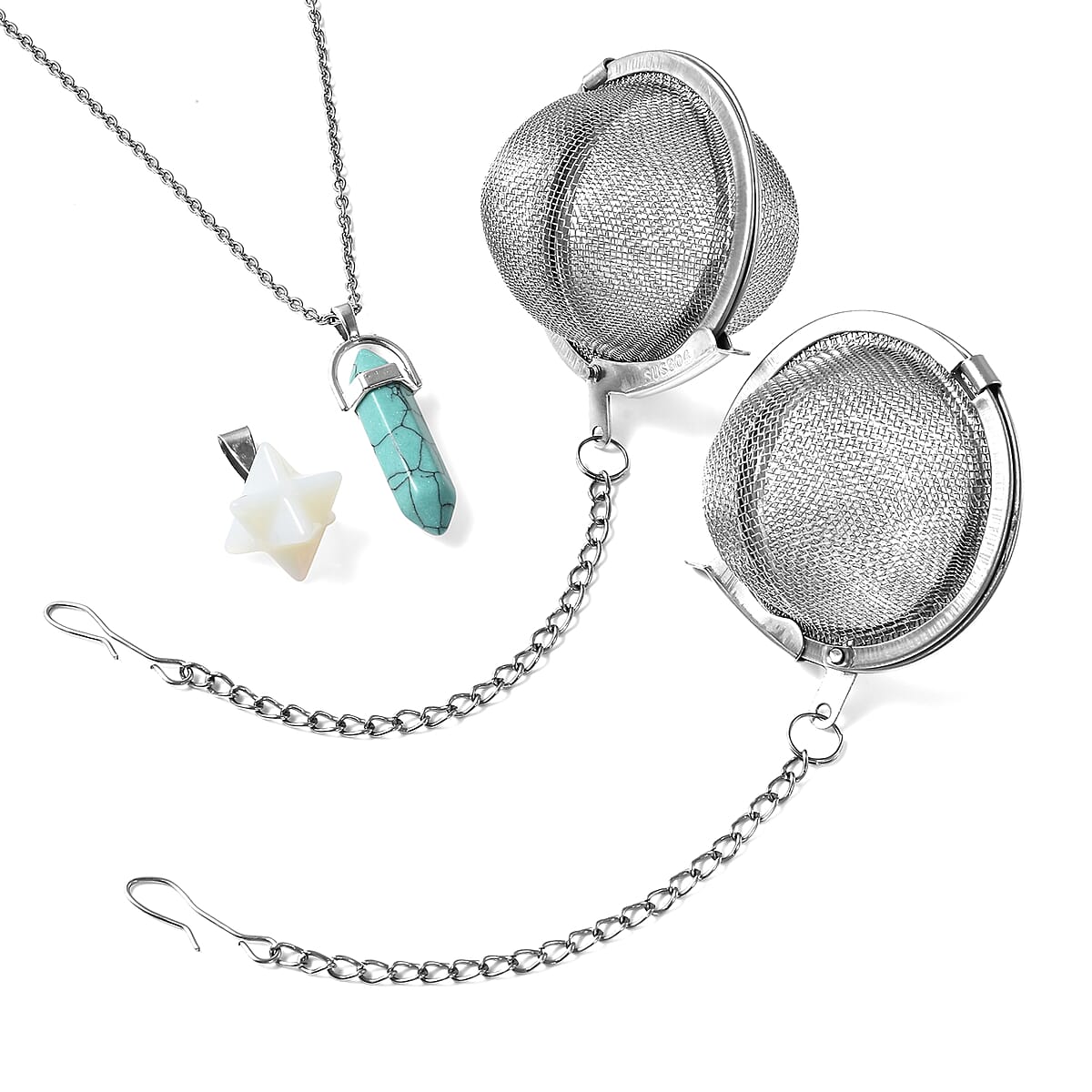 Opalite and Blue Howlite Set of 2 Merkaba and Pointer Pendant in Silvertone and Set of 2 Tea Diffuser with Stainless Steel Necklace 20In 35.00 ctw image number 0