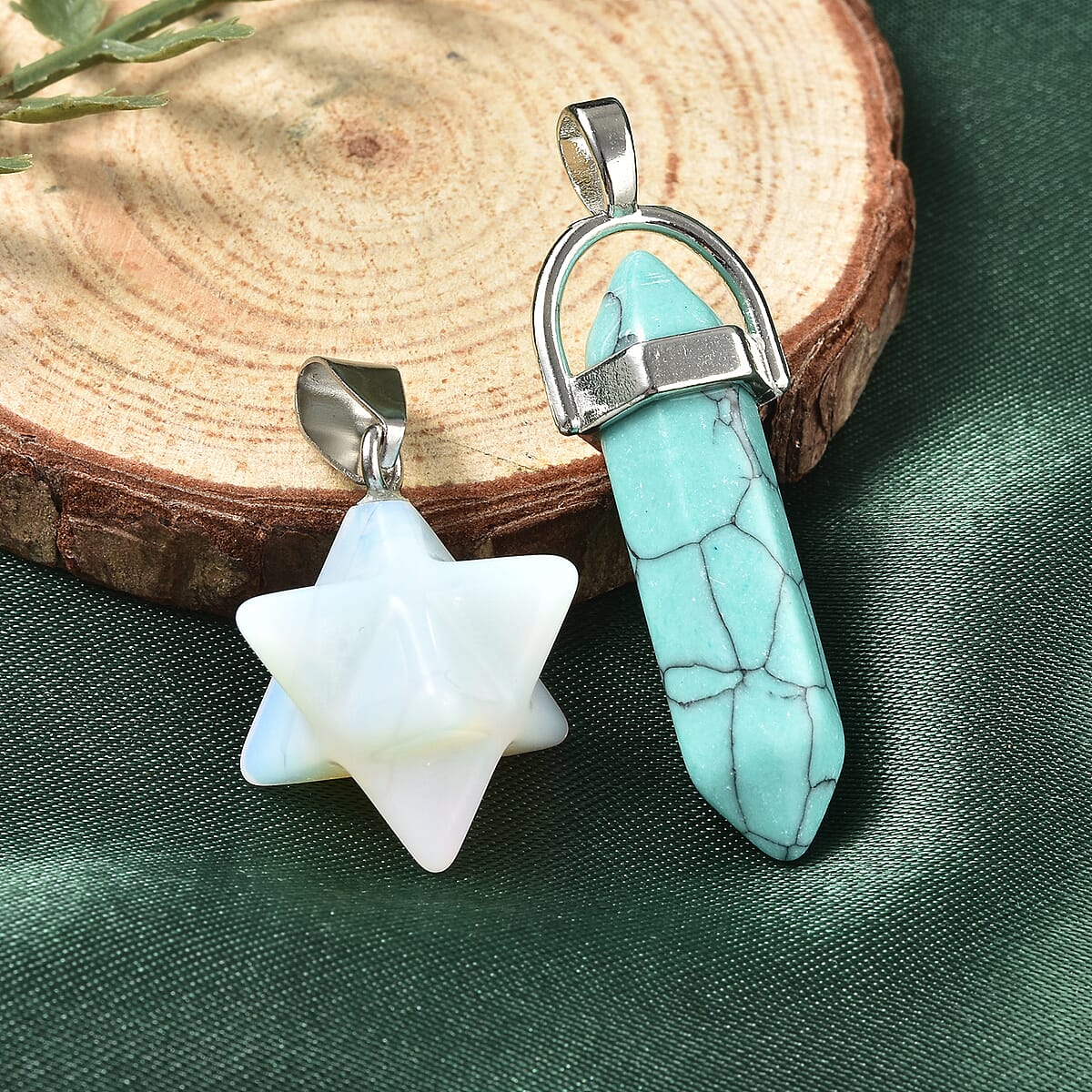 Opalite and Blue Howlite Set of 2 Merkaba and Pointer Pendant in Silvertone and Set of 2 Tea Diffuser with Stainless Steel Necklace 20In 35.00 ctw image number 1