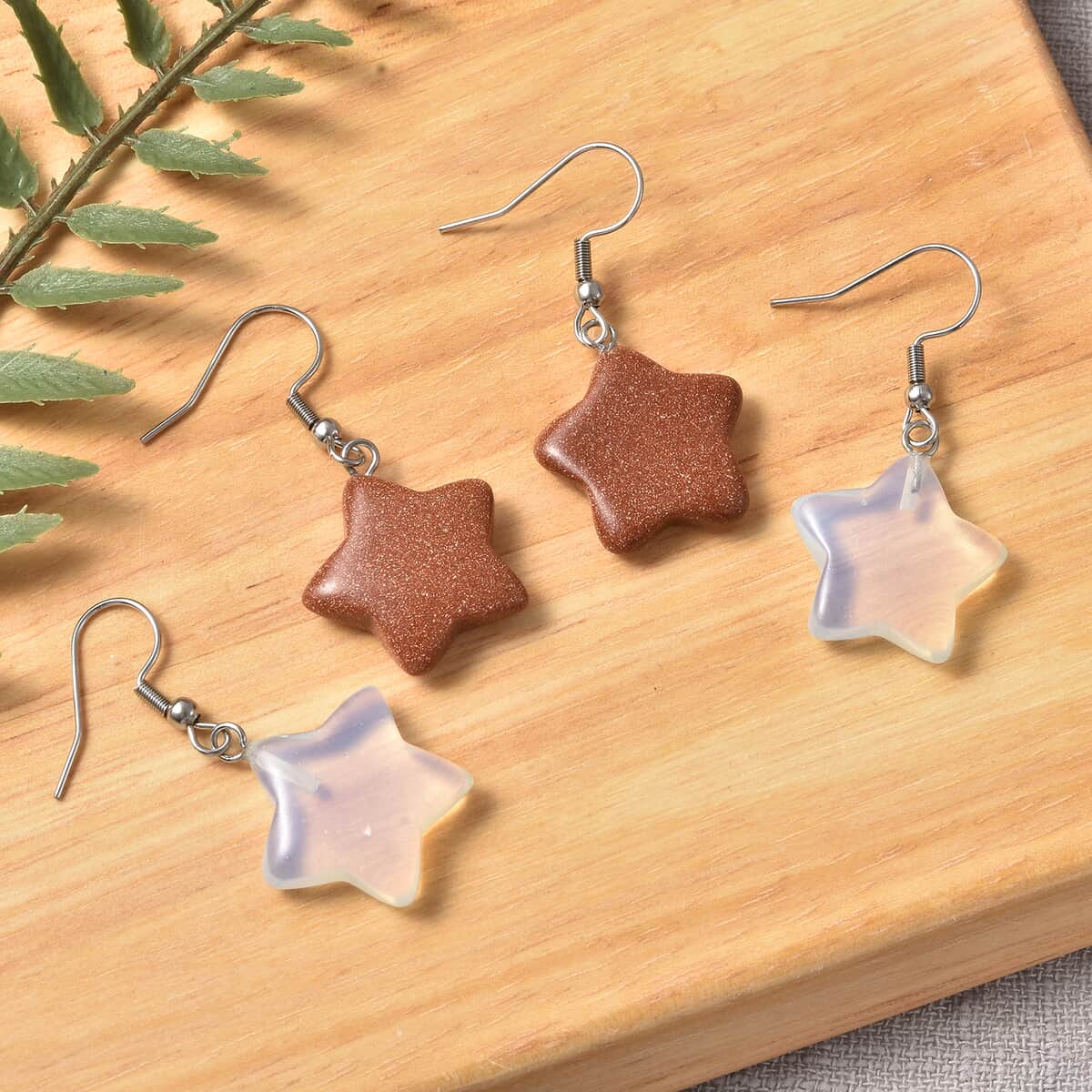 Set of 2 Opalite, Gold Sandstone Star Earrings in Stainless Steel 48.00 ctw image number 1