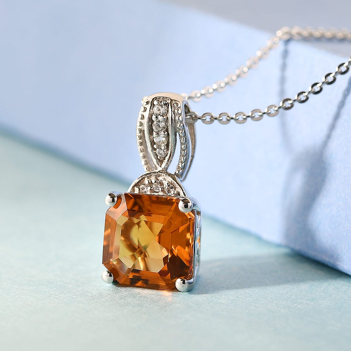 Santa Ana Madeira Citrine and Natural White Zircon Pendant Necklace 20 Inches in Platinum Over Sterling Silver 2.60 ctw image number 1