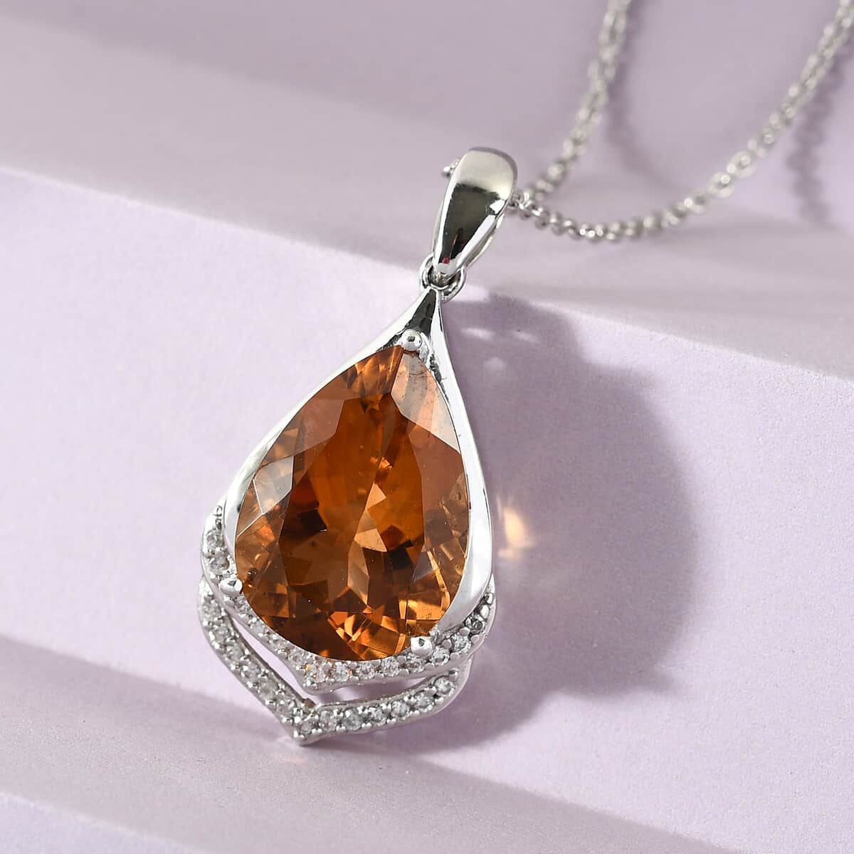 Santa Ana Madeira Citrine and Natural White Zircon Pendant Necklace 20 Inches in Platinum Over Sterling Silver 9.60 ctw image number 1