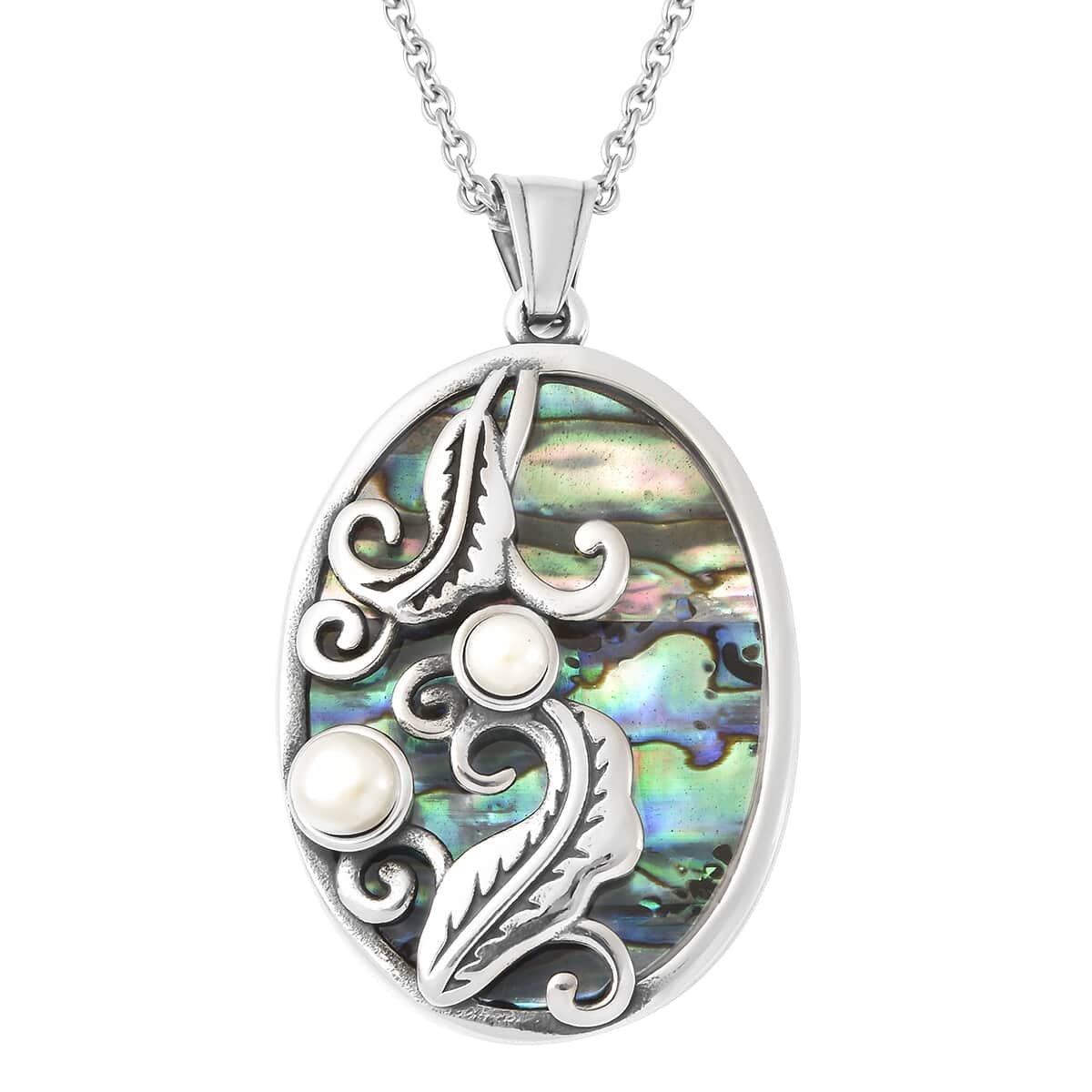Abalone Shell and White Shell Pearl Pendant Necklace 20 Inches in Black Oxidized Stainless Steel image number 0