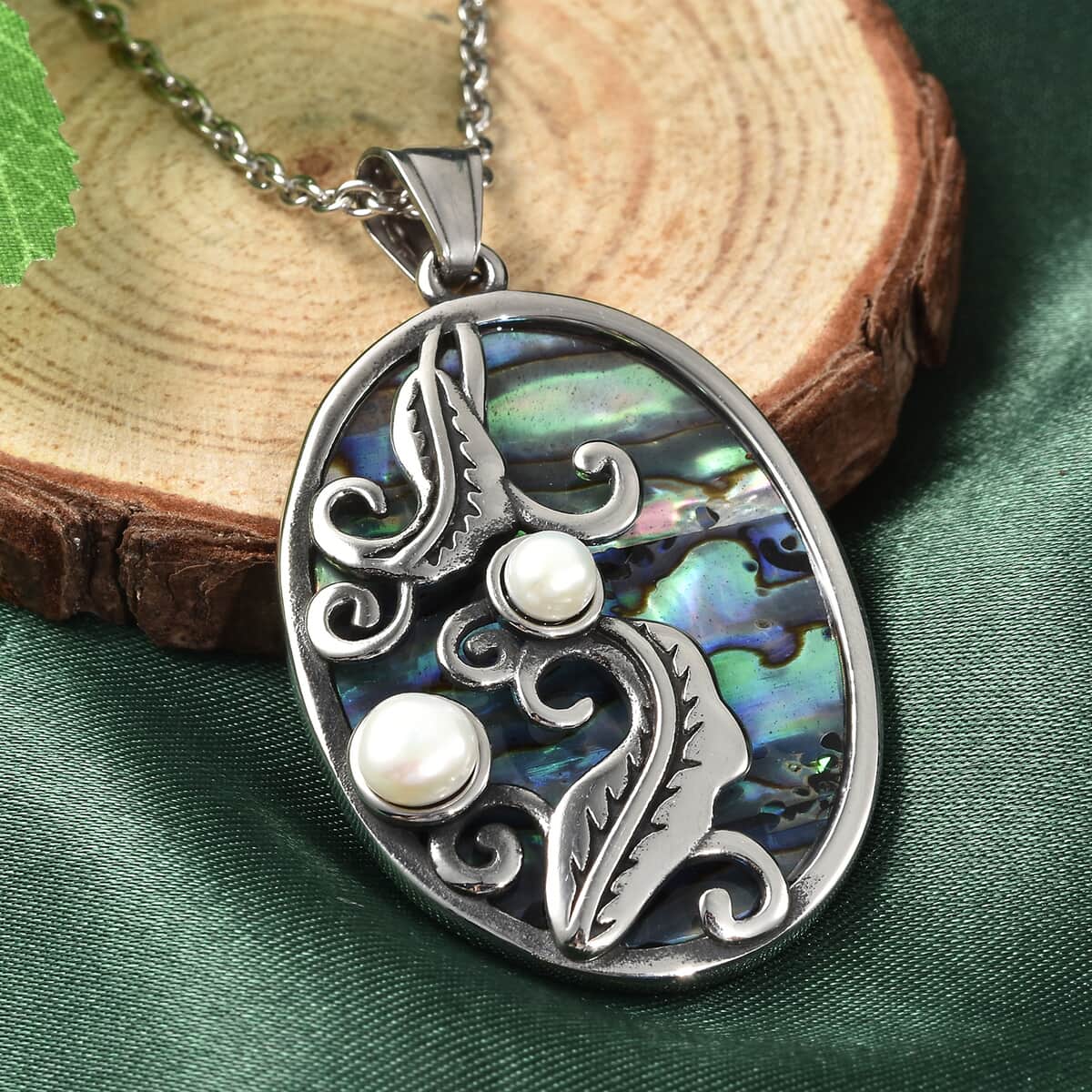 Abalone Shell and White Shell Pearl Pendant Necklace 20 Inches in Black Oxidized Stainless Steel image number 1