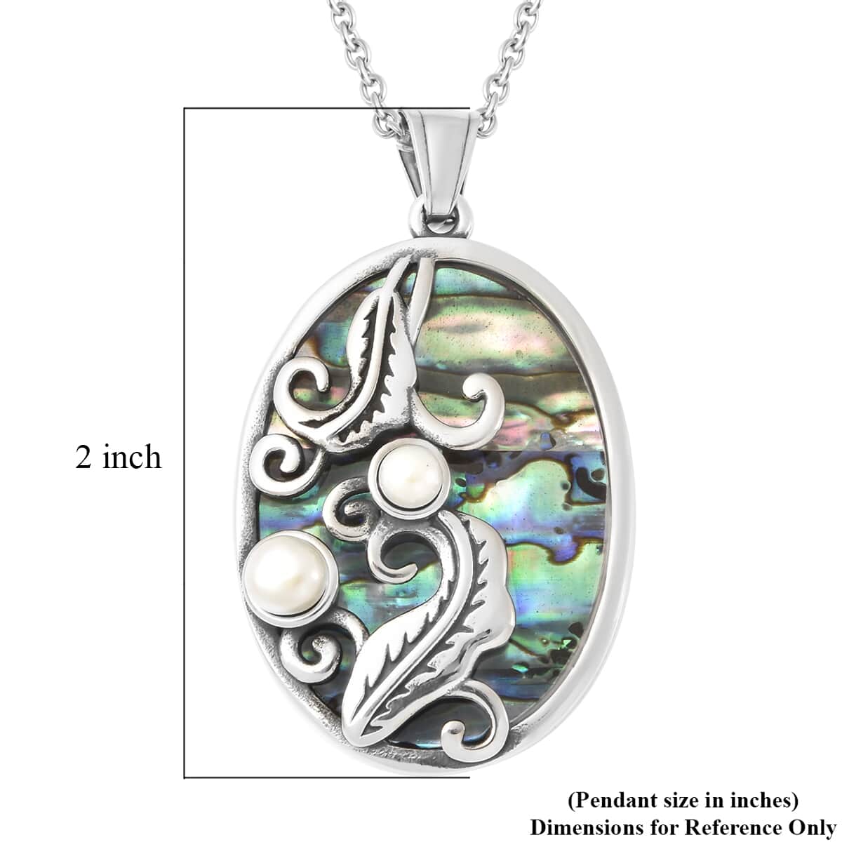 Abalone Shell and White Shell Pearl Pendant Necklace 20 Inches in Black Oxidized Stainless Steel image number 5
