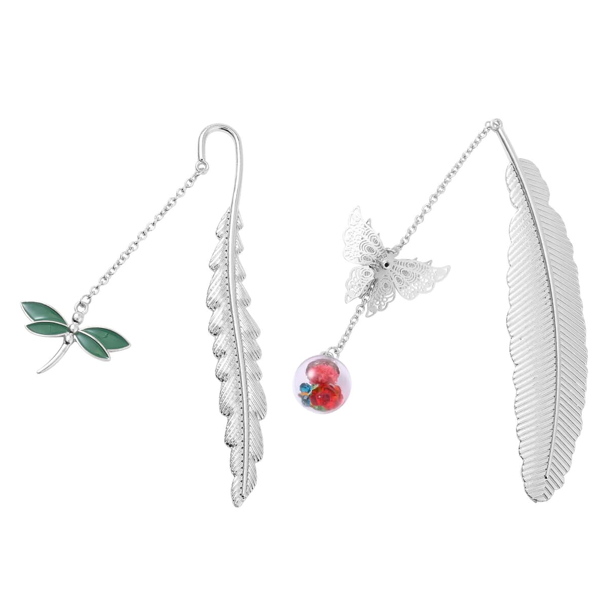 Set of 2 Multi Austrian Crystal, Enameled Metallic Feather with Dragonfly Charm, Butterfly and Dried Flower Bookmarks in Silvertone image number 0