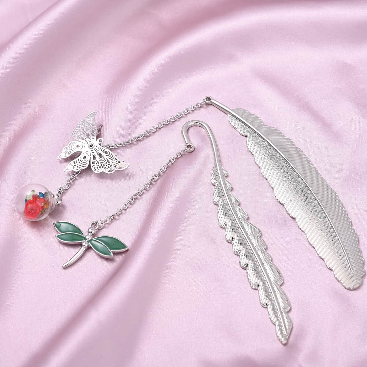 Set of 2 Multi Austrian Crystal, Enameled Metallic Feather with Dragonfly Charm, Butterfly and Dried Flower Bookmarks in Silvertone image number 1