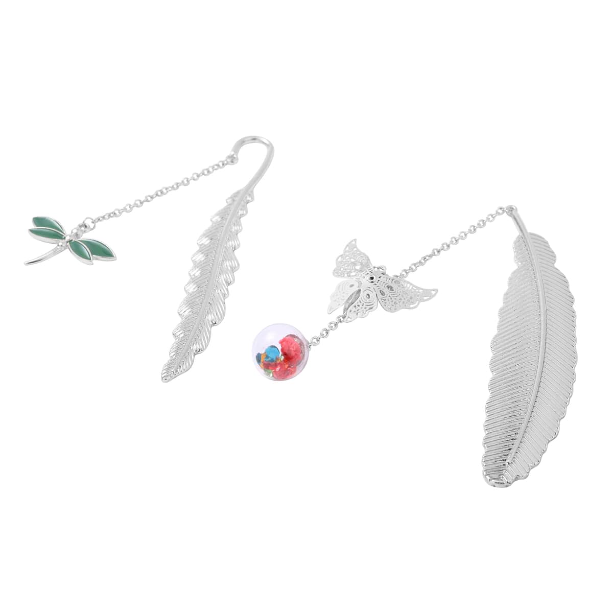Set of 2 Multi Austrian Crystal, Enameled Metallic Feather with Dragonfly Charm, Butterfly and Dried Flower Bookmarks in Silvertone image number 2