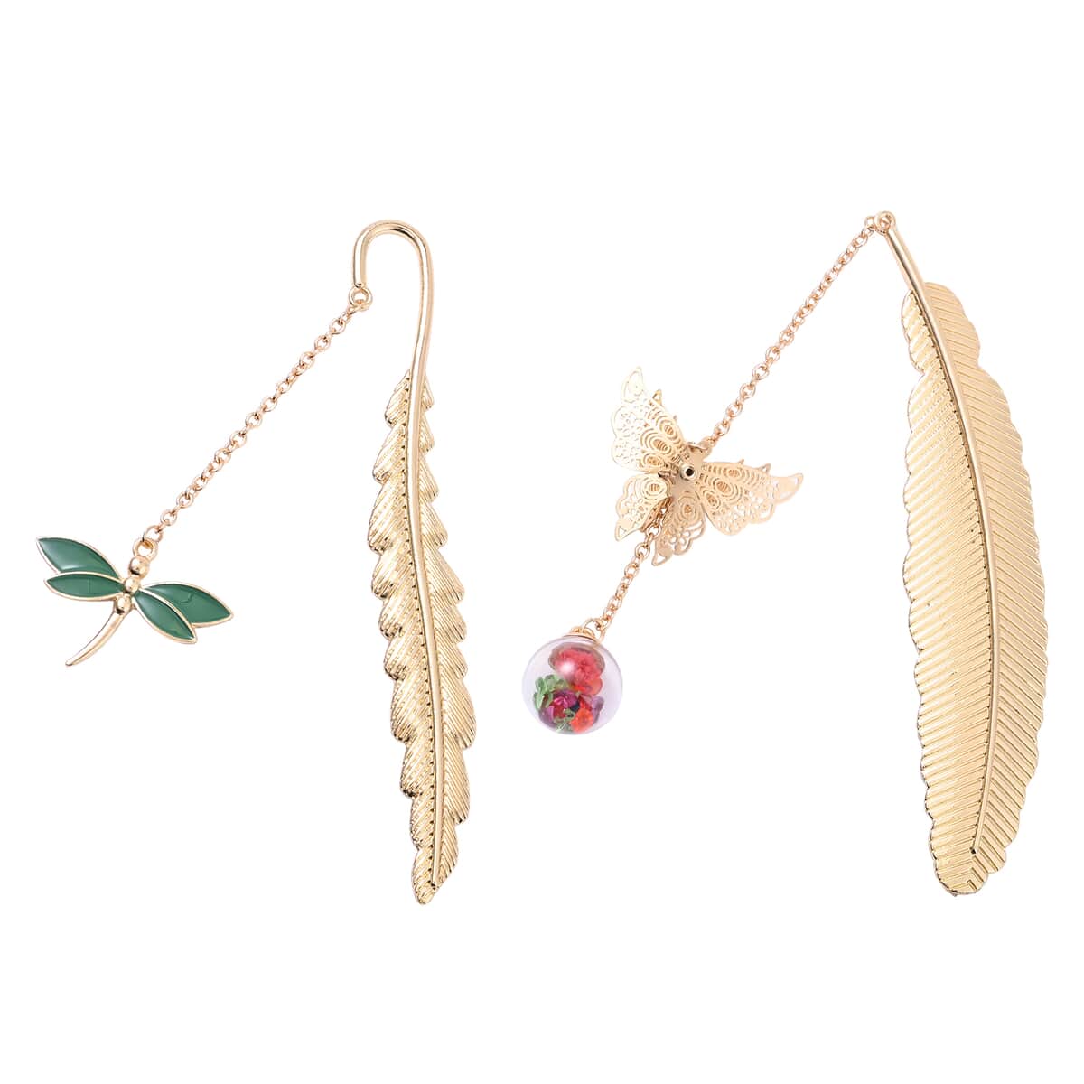 Set of 2 Multi Austrian Crystal and Enameled Metallic Feather Bookmarks in Goldtone with Dragonfly Charm, Butterfly and Dried Pressed Flower image number 0