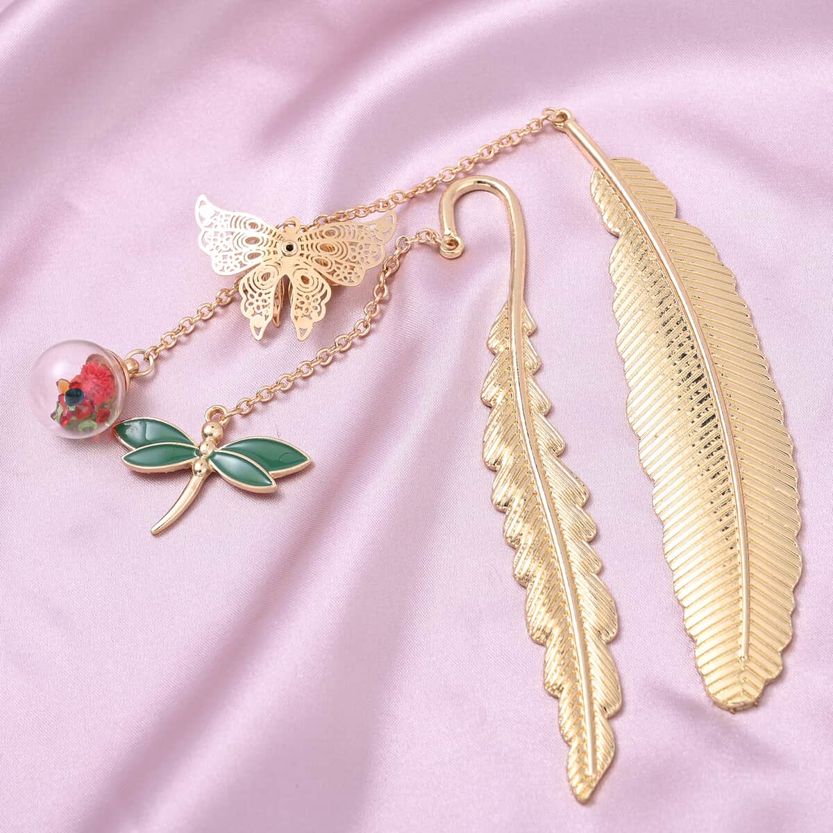 Set of 2 Multi Austrian Crystal and Enameled Metallic Feather Bookmarks in Goldtone with Dragonfly Charm, Butterfly and Dried Pressed Flower image number 1