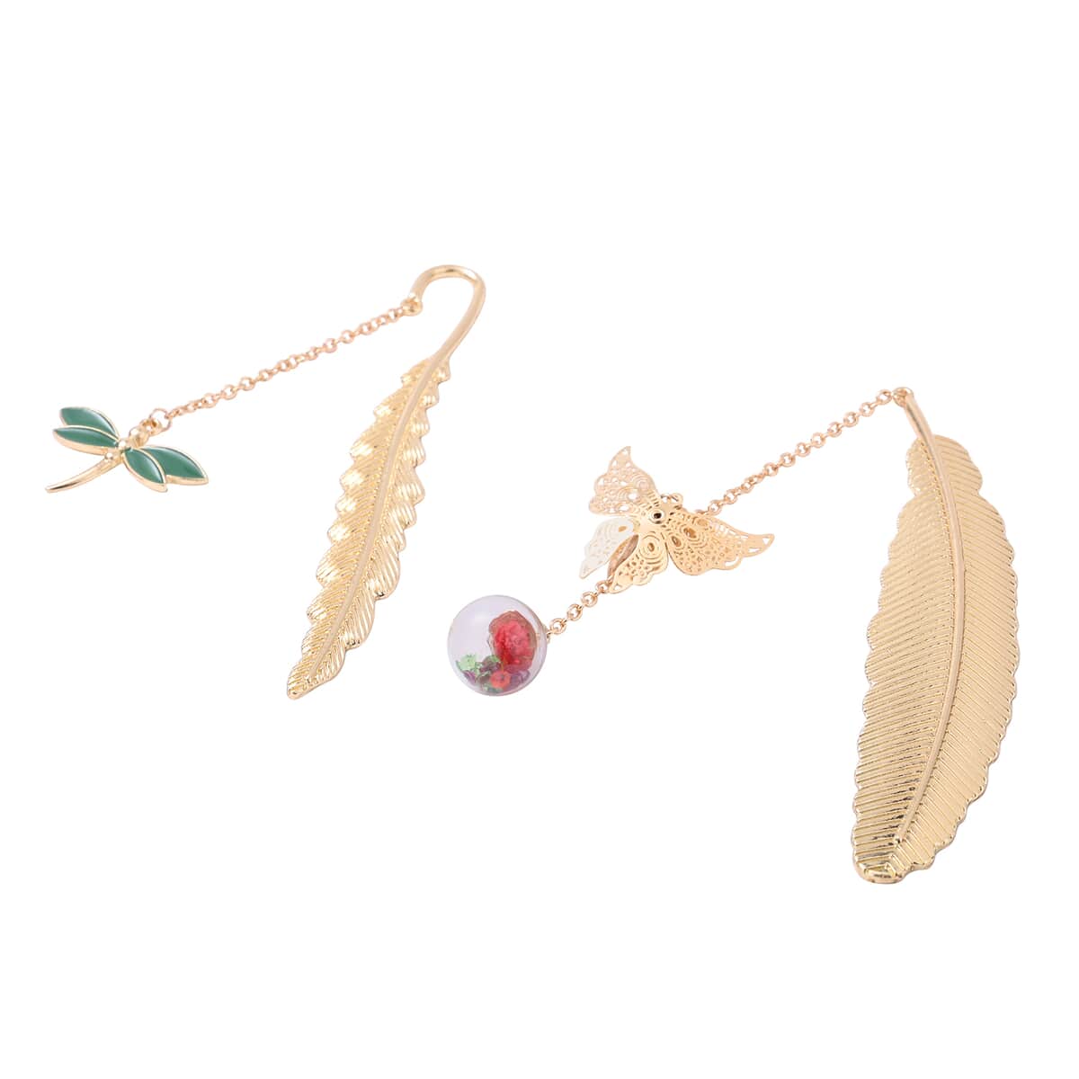 Set of 2 Multi Austrian Crystal and Enameled Metallic Feather Bookmarks in Goldtone with Dragonfly Charm, Butterfly and Dried Pressed Flower image number 2