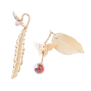 Set of 2 Multi Austrian Crystal Metallic Feather and Leaf Bookmarks in Goldtone with Angel Wing Charm, Butterfly and Dried Pressed Flower