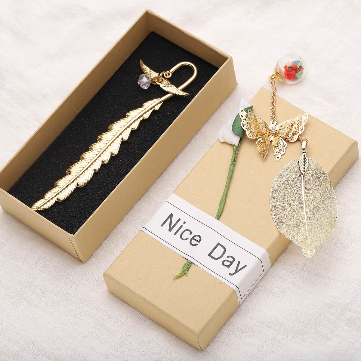 Set of 2 Multi Austrian Crystal Metallic Feather and Leaf Bookmarks in Goldtone with Angel Wing Charm, Butterfly and Dried Pressed Flower image number 2