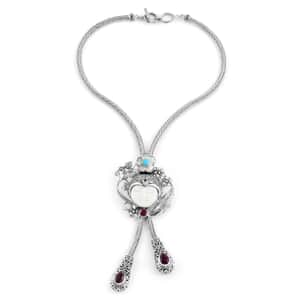 Bali Goddess Carved Bone and Multi Gemstone Pendant Necklace 20 Inches in Sterling Silver 63.45 Grams 7.00 ctw