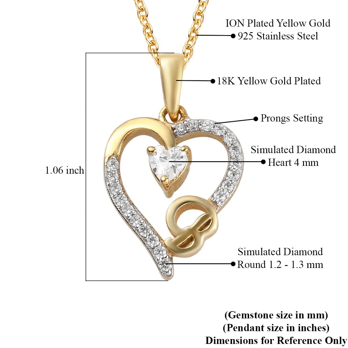 KARIS Simulated Diamond Initial A Pendant Necklace 20 Inches in ION Plated 18K Yellow Gold and ION Plated Yellow Gold Stainless Steel 0.80 ctw image number 5