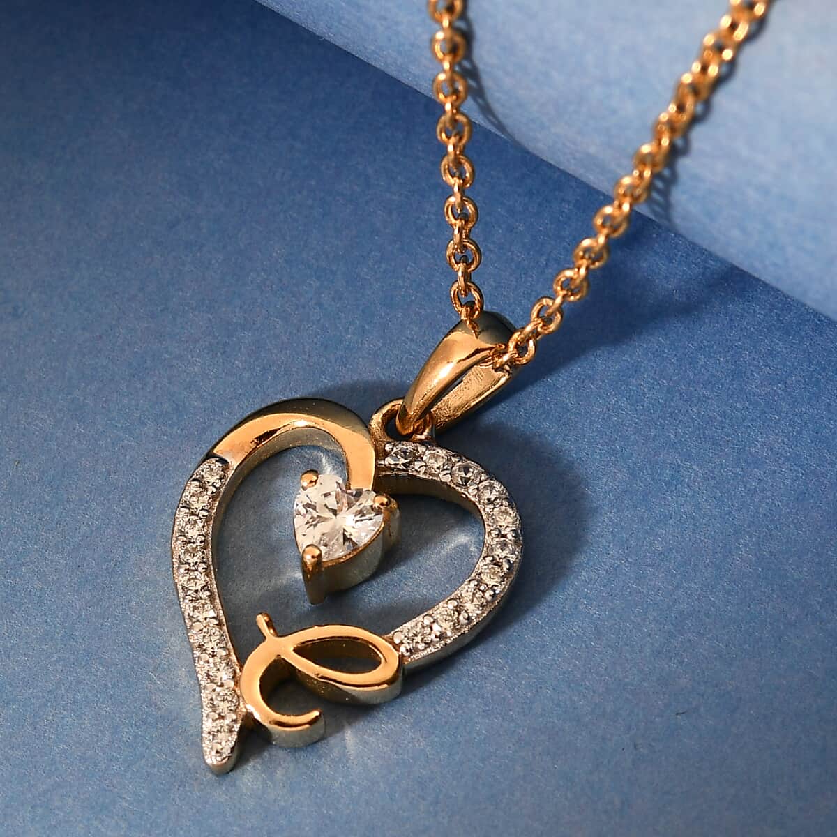 KARIS Simulated Diamond Initial C Heart Pendant Necklace 20 Inches in 18K YG Plated and ION Plated Yellow Gold Stainless Steel 0.80 ctw image number 1
