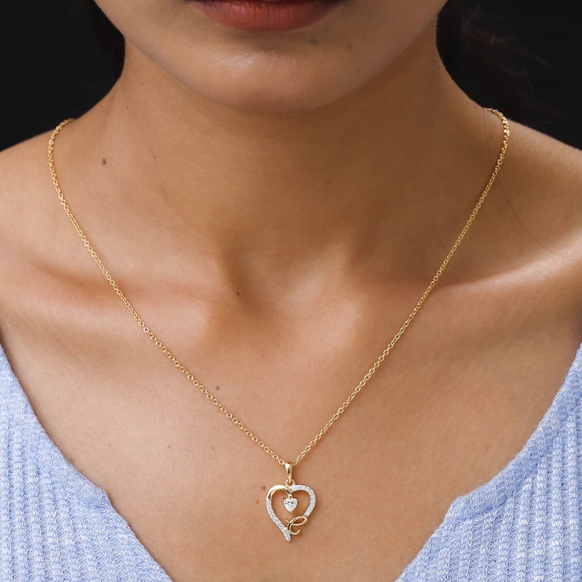 KARIS Simulated Diamond Initial C Heart Pendant Necklace 20 Inches in 18K YG Plated and ION Plated Yellow Gold Stainless Steel 0.80 ctw image number 2