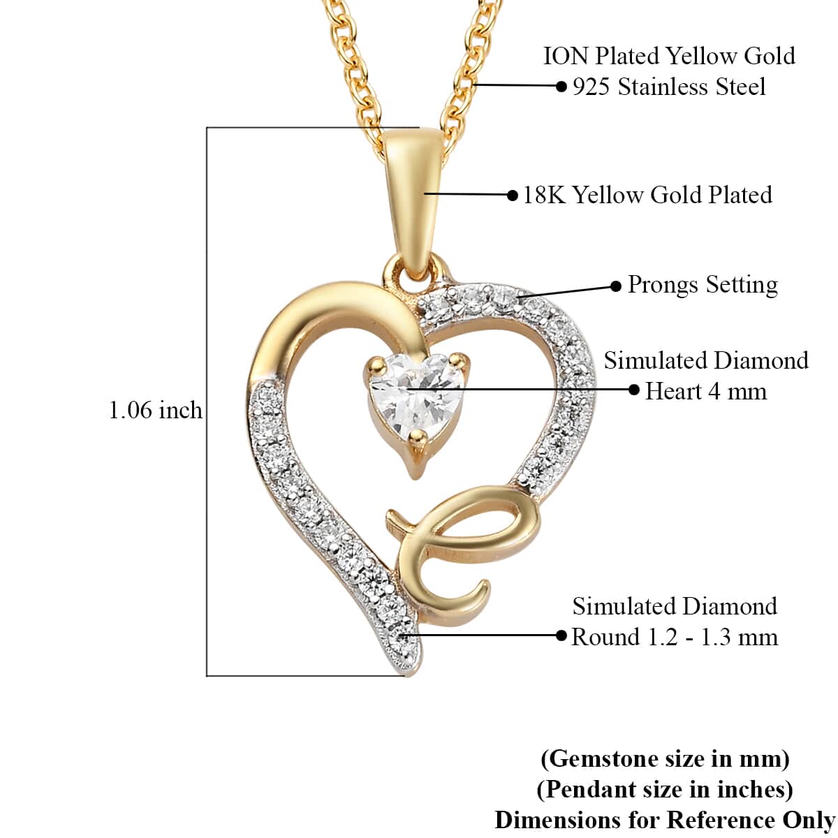 KARIS Simulated Diamond Initial C Heart Pendant Necklace 20 Inches in 18K YG Plated and ION Plated Yellow Gold Stainless Steel 0.80 ctw image number 5