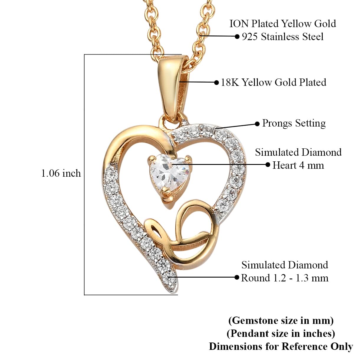 KARIS Simulated Diamond Initial D Heart Pendant Necklace 20 Inches in 18K YG Plated and ION Plated Yellow Gold Stainless Steel 0.80 ctw image number 5