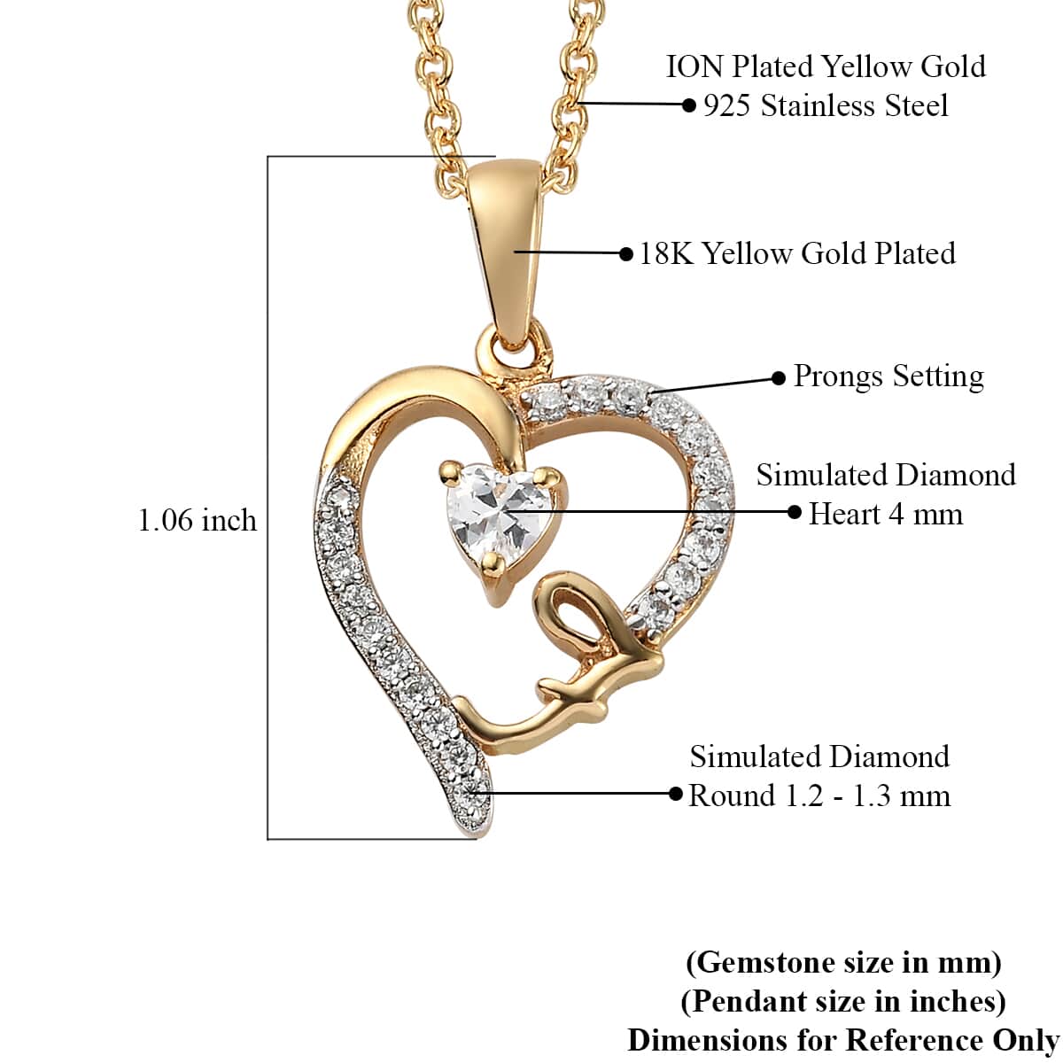 KARIS Simulated Diamond Initial F Heart Pendant Necklace 20 Inches in 18K YG Plated and ION Plated Yellow Gold Stainless Steel 0.80 ctw image number 5