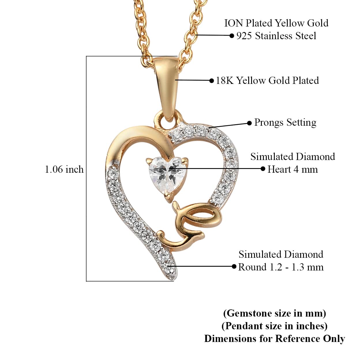 KARIS Simulated Diamond Initial G Heart Pendant Necklace 20 Inches in 18K YG Plated and ION Plated Yellow Gold Stainless Steel 0.80 ctw image number 5