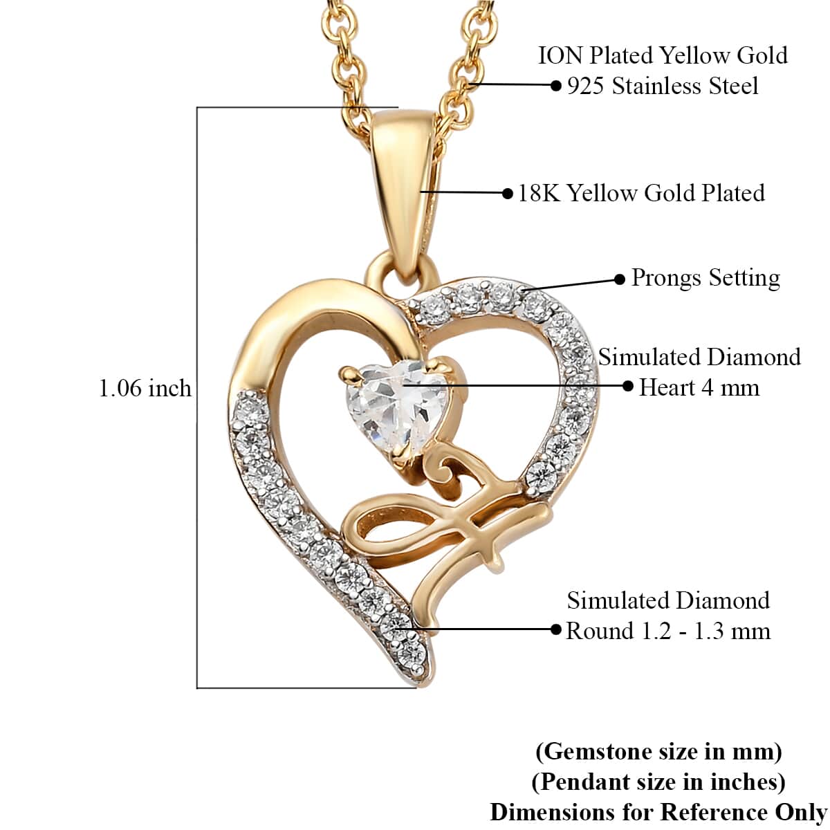 KARIS Simulated Diamond Initial H Heart Pendant Necklace 20 Inches in 18K YG Plated and ION Plated Yellow Gold Stainless Steel 0.80 ctw image number 5
