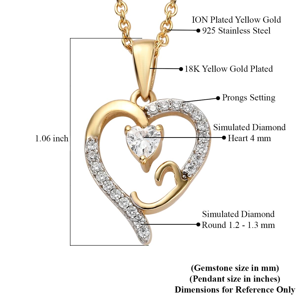 KARIS Simulated Diamond Initial I Heart Pendant Necklace 20 Inches in 18K YG Plated and ION Plated Yellow Gold Stainless Steel 0.80 ctw image number 5