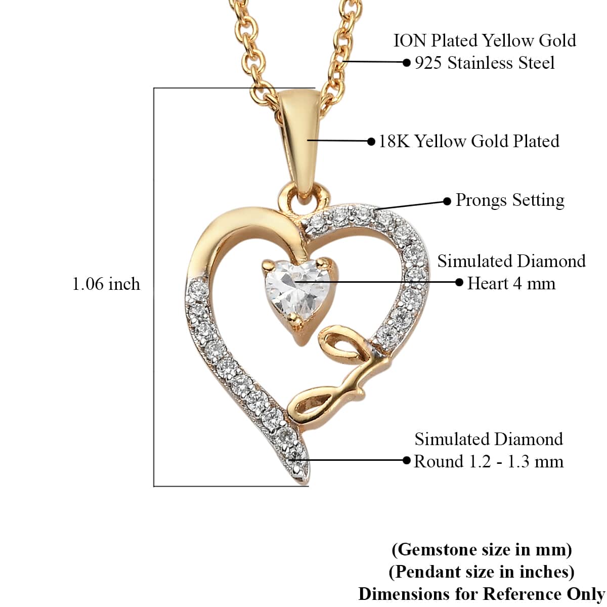 KARIS Simulated Diamond Initial J Heart Pendant Necklace 20 Inches in 18K YG Plated and ION Plated Yellow Gold Stainless Steel 0.80 ctw image number 5