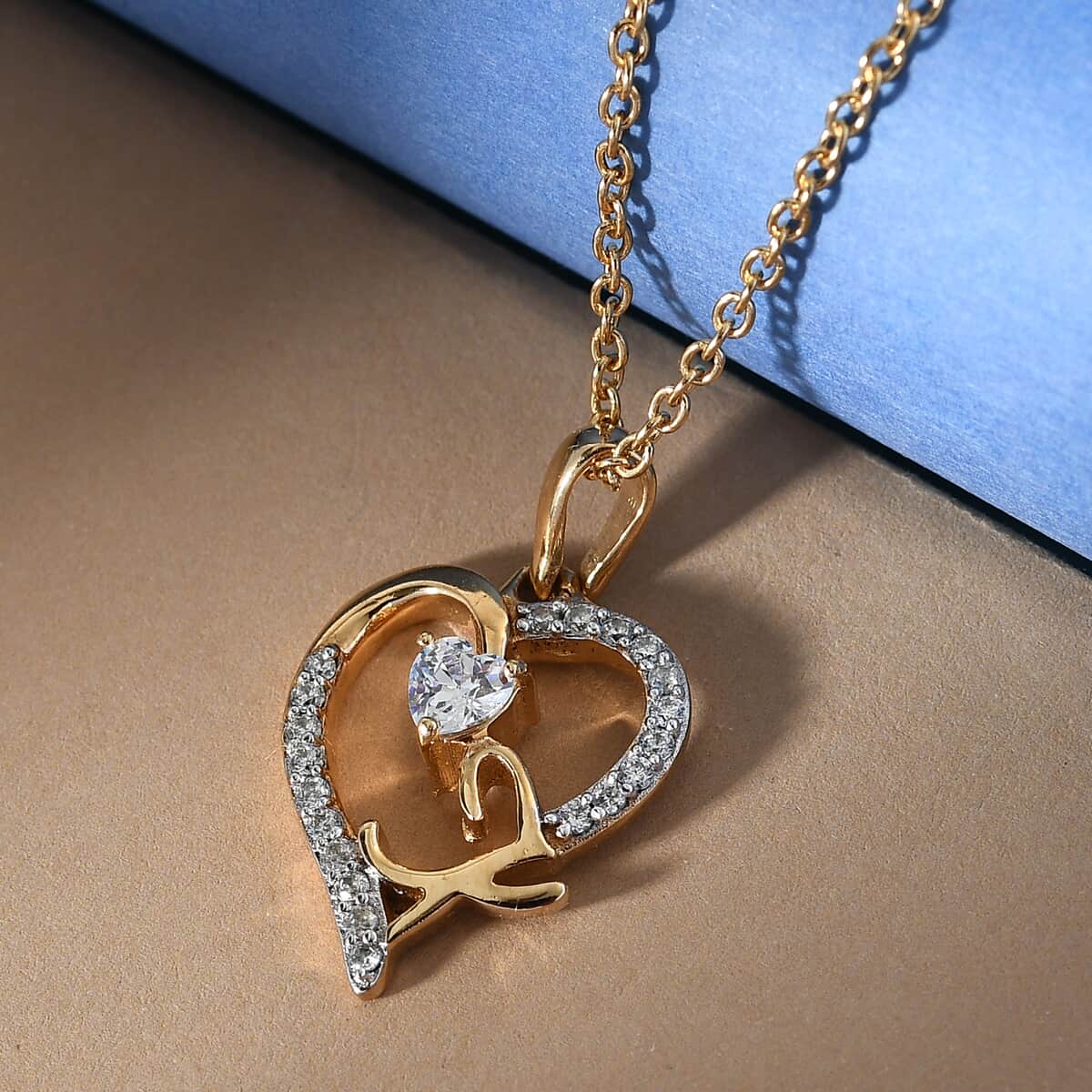 KARIS Simulated Diamond Initial K Heart Pendant Necklace 20 Inches in 18K YG Plated and ION Plated Yellow Gold Stainless Steel 0.80 ctw image number 1