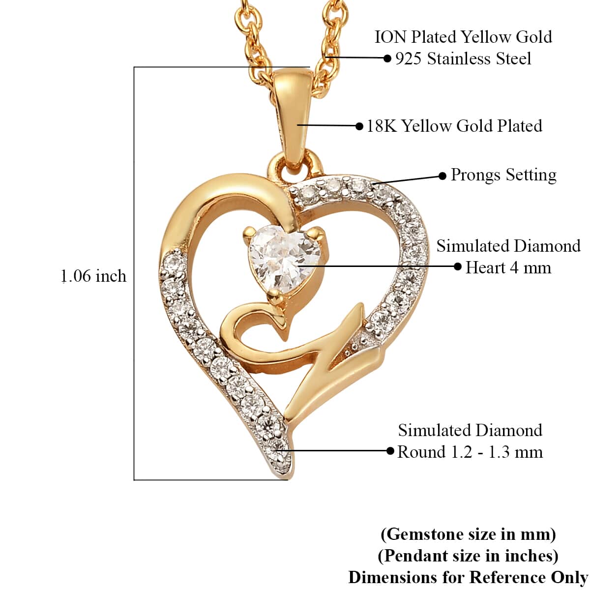 KARIS Simulated Diamond Initial L Heart Pendant Necklace 20 Inches in 18K YG Plated and ION Plated Yellow Gold Stainless Steel 0.80 ctw image number 5