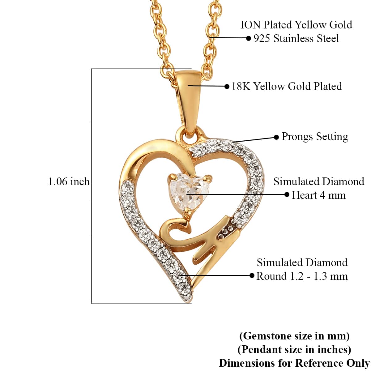KARIS Simulated Diamond Initial M Heart Pendant Necklace 20 Inches in 18K YG Plated and ION Plated Yellow Gold Stainless Steel 0.80 ctw image number 5