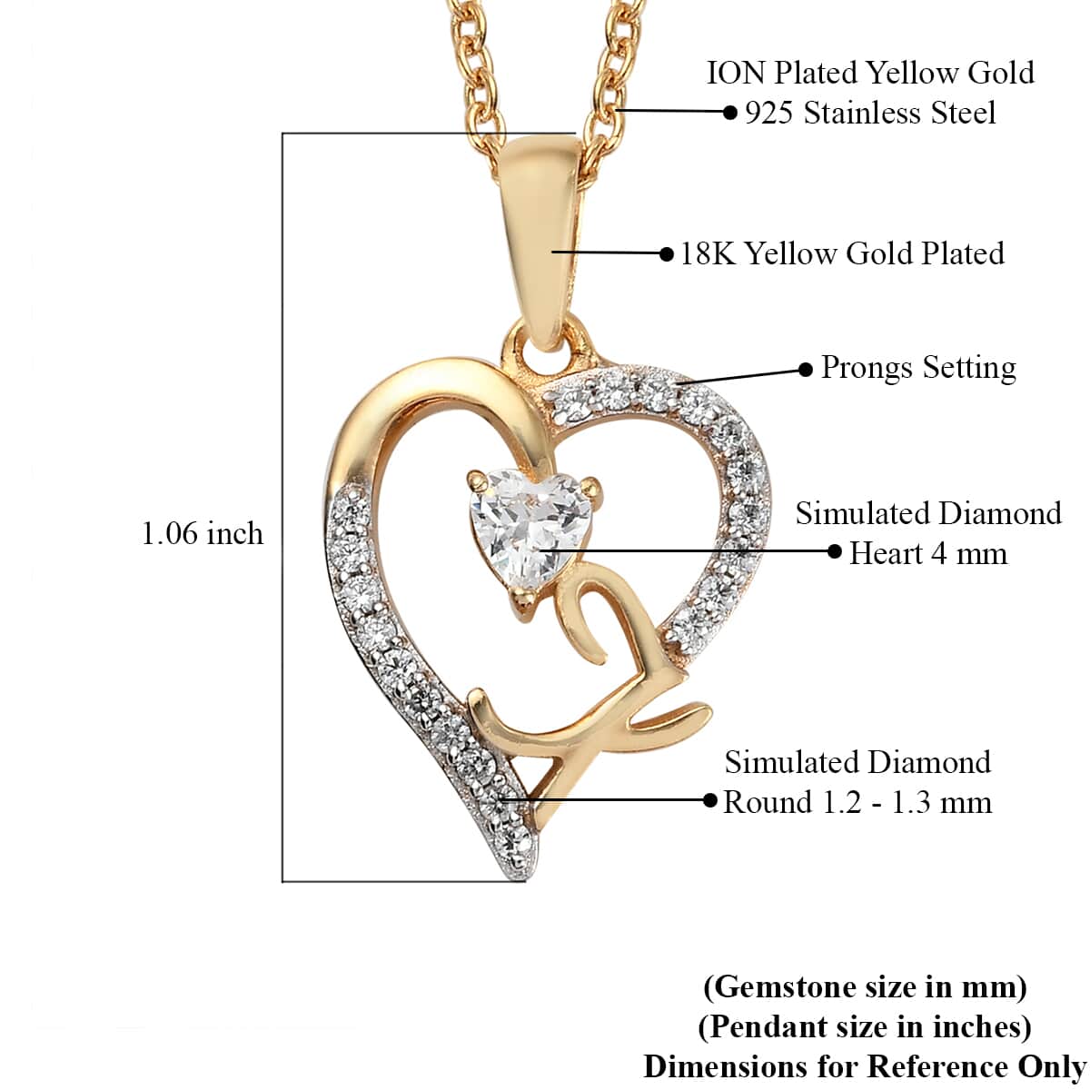 KARIS Simulated Diamond Initial N Heart Pendant Necklace 20 Inches in 18K YG Plated and ION Plated Yellow Gold Stainless Steel 0.80 ctw image number 5