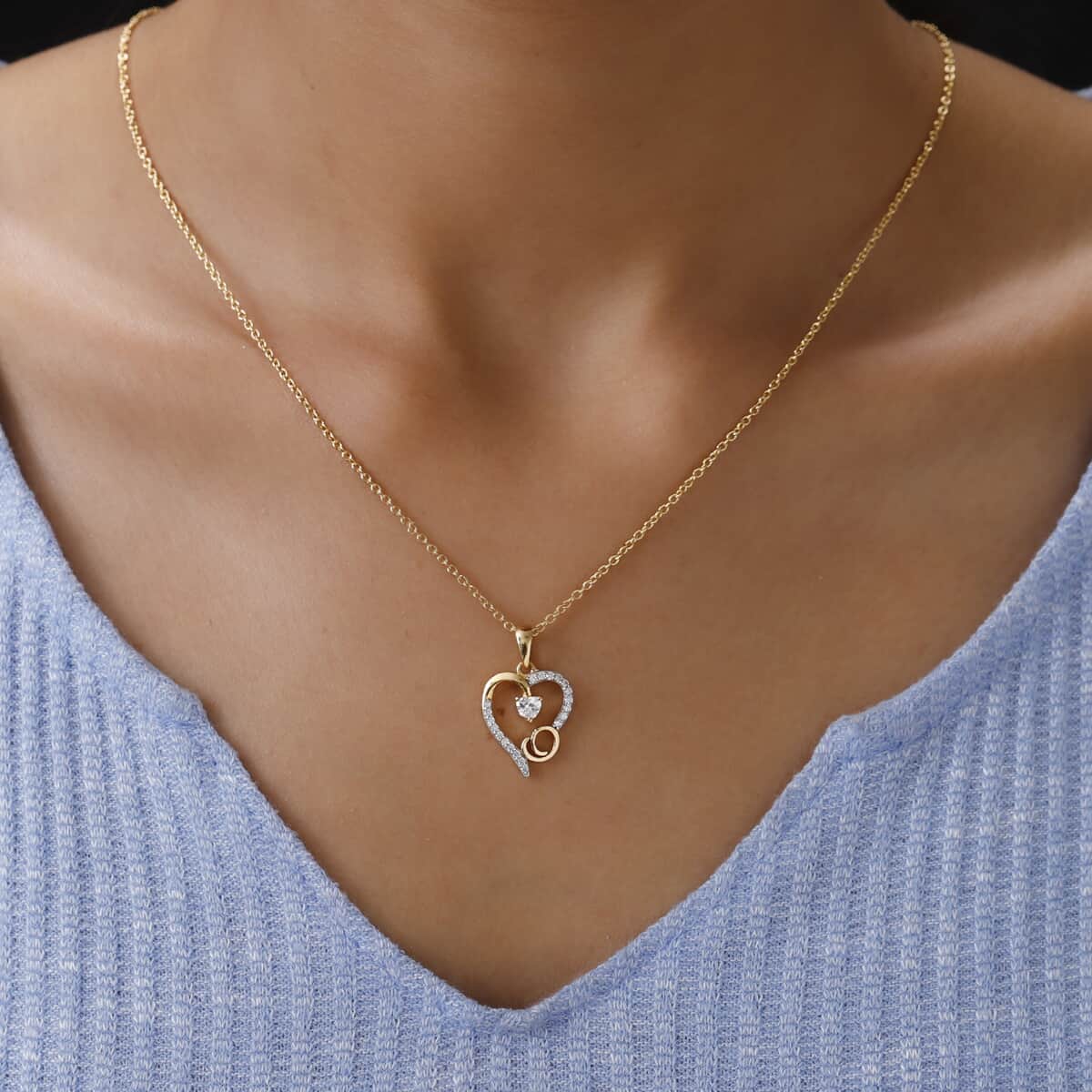 KARIS Simulated Diamond Initial O Heart Pendant Necklace 20 Inches in 18K YG Plated and ION Plated Yellow Gold Stainless Steel 0.80 ctw image number 2