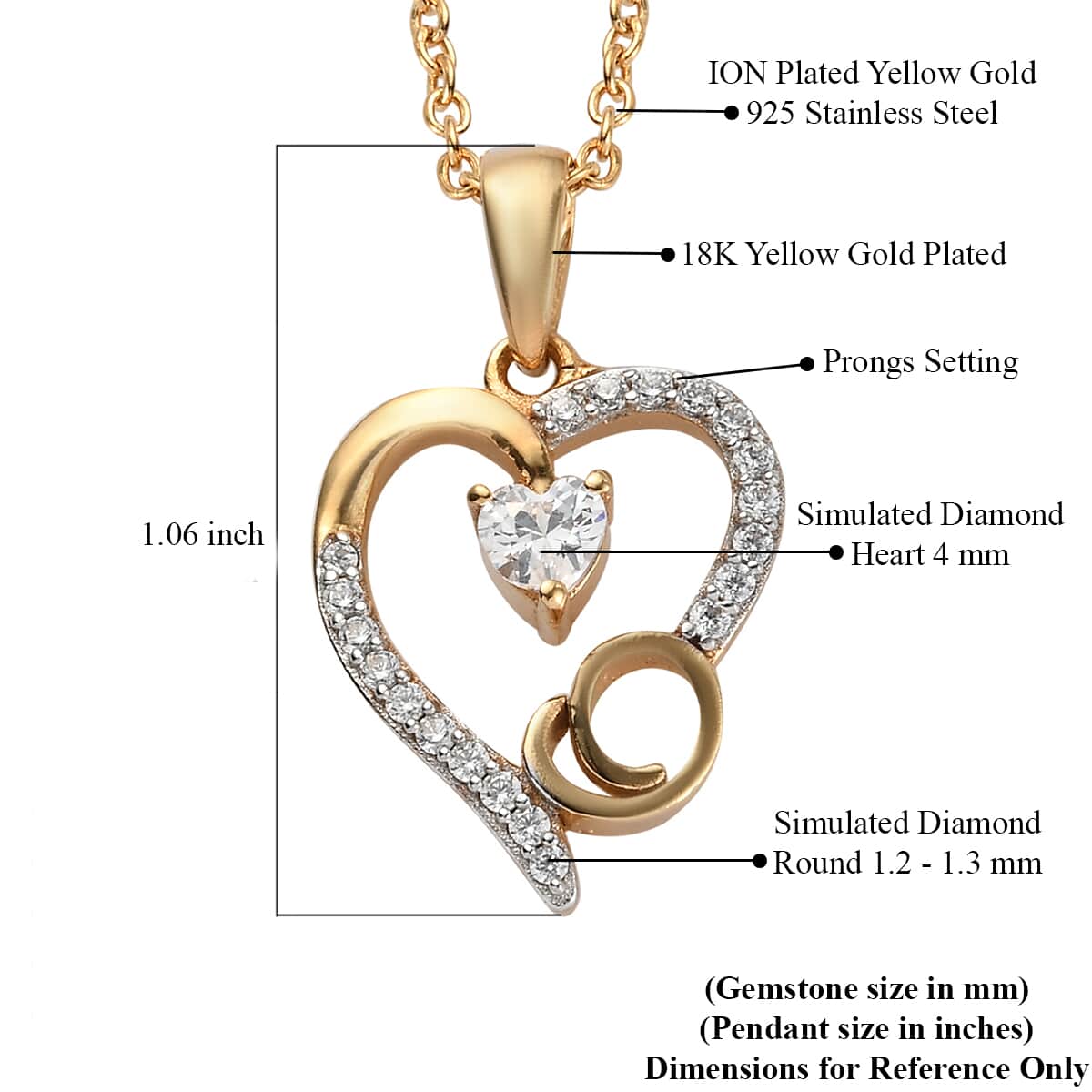 KARIS Simulated Diamond Initial O Heart Pendant Necklace 20 Inches in 18K YG Plated and ION Plated Yellow Gold Stainless Steel 0.80 ctw image number 5