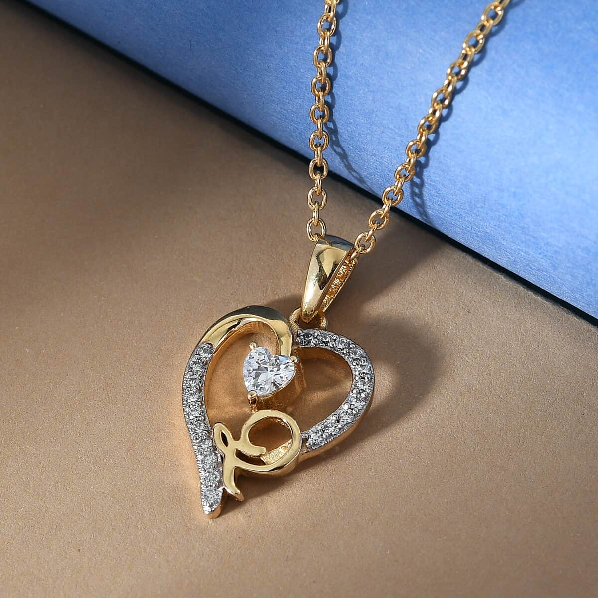 KARIS Simulated Diamond Initial Q Heart Pendant Necklace 20 Inches in 18K YG Plated and ION Plated Yellow Gold Stainless Steel 0.80 ctw image number 1