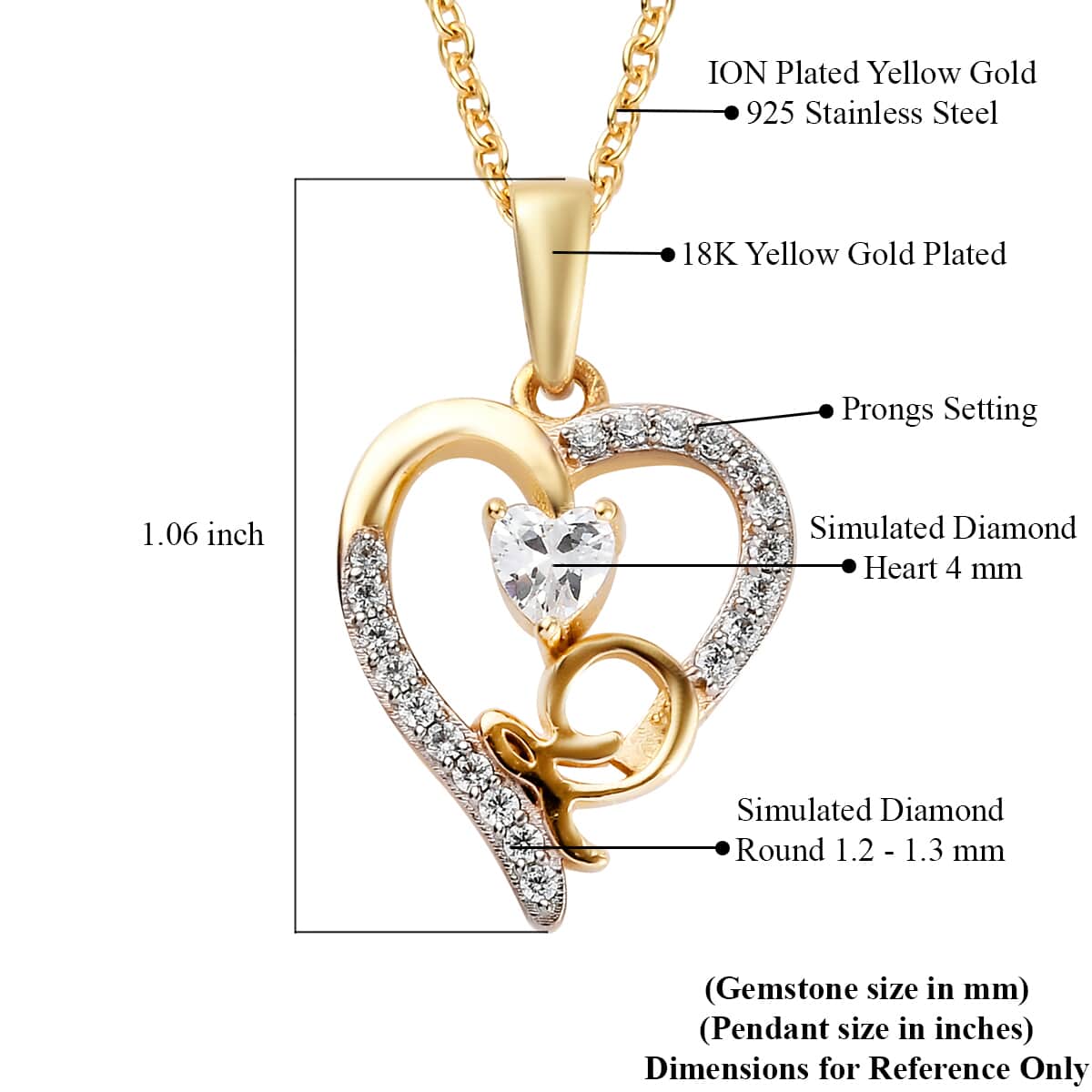 KARIS Simulated Diamond Initial Q Heart Pendant Necklace 20 Inches in 18K YG Plated and ION Plated Yellow Gold Stainless Steel 0.80 ctw image number 5