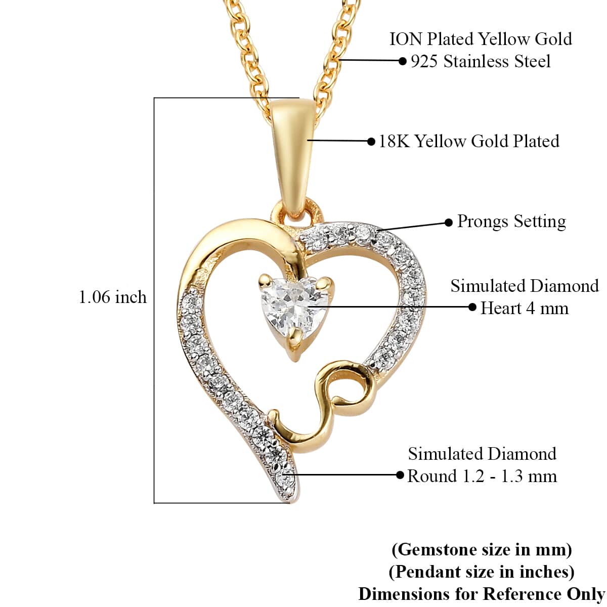 KARIS Simulated Diamond Initial S Heart Pendant Necklace (20 Inches) in 18K YG Plated and ION Plated YG Stainless Steel 0.80 ctw image number 5