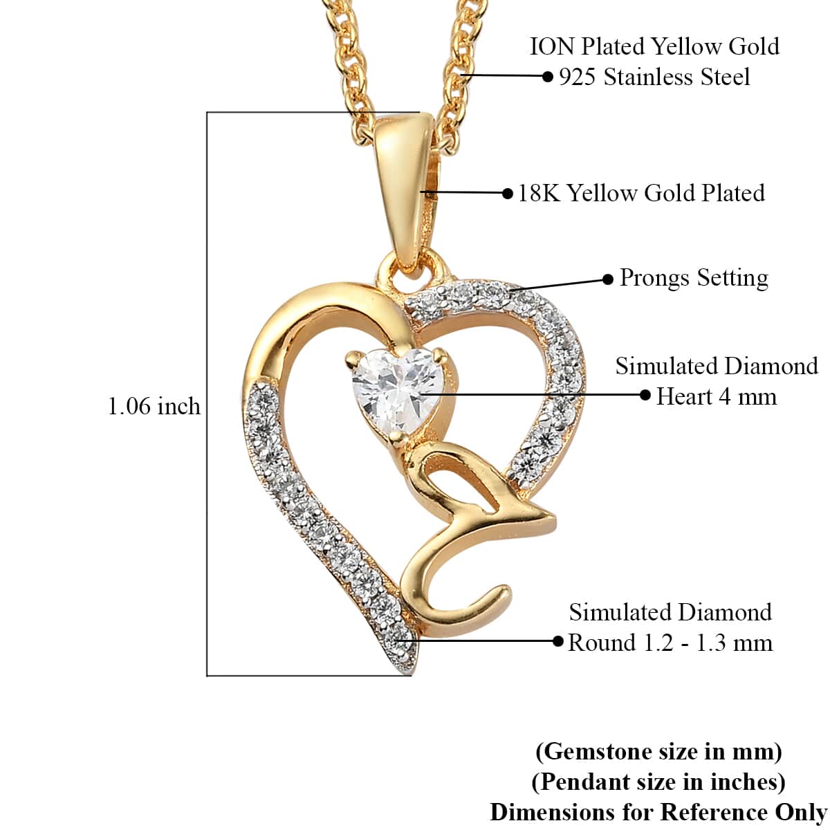 KARIS Simulated Diamond Initial T Heart Pendant Necklace 20 Inches in 18K YG Plated and ION Plated Yellow Gold Stainless Steel 0.80 ctw image number 5