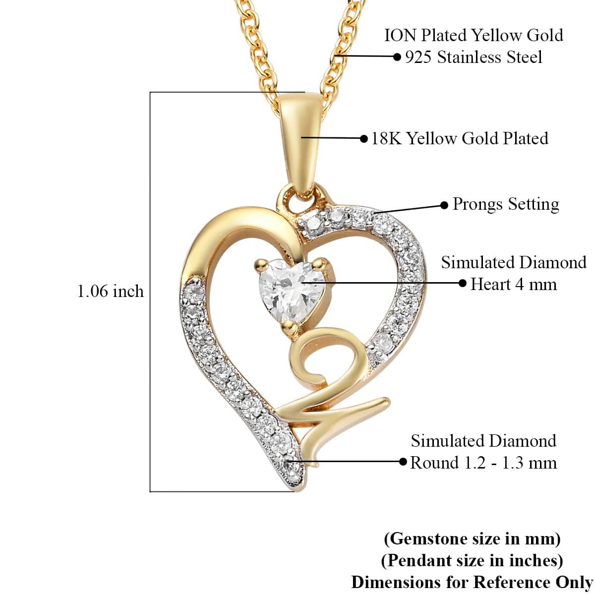 KARIS Simulated Diamond Initial U Heart Pendant Necklace 20 Inches in 18K YG Plated and ION Plated Yellow Gold Stainless Steel 0.80 ctw image number 5