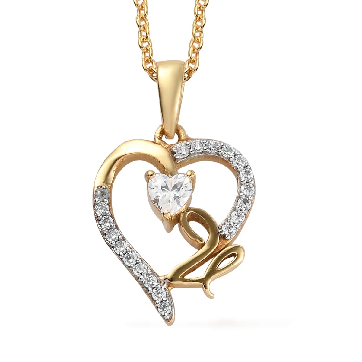 KARIS Simulated Diamond Initial V Heart Pendant Necklace 20 Inches in 18K YG Plated and ION Plated Yellow Gold Stainless Steel 0.80 ctw image number 0