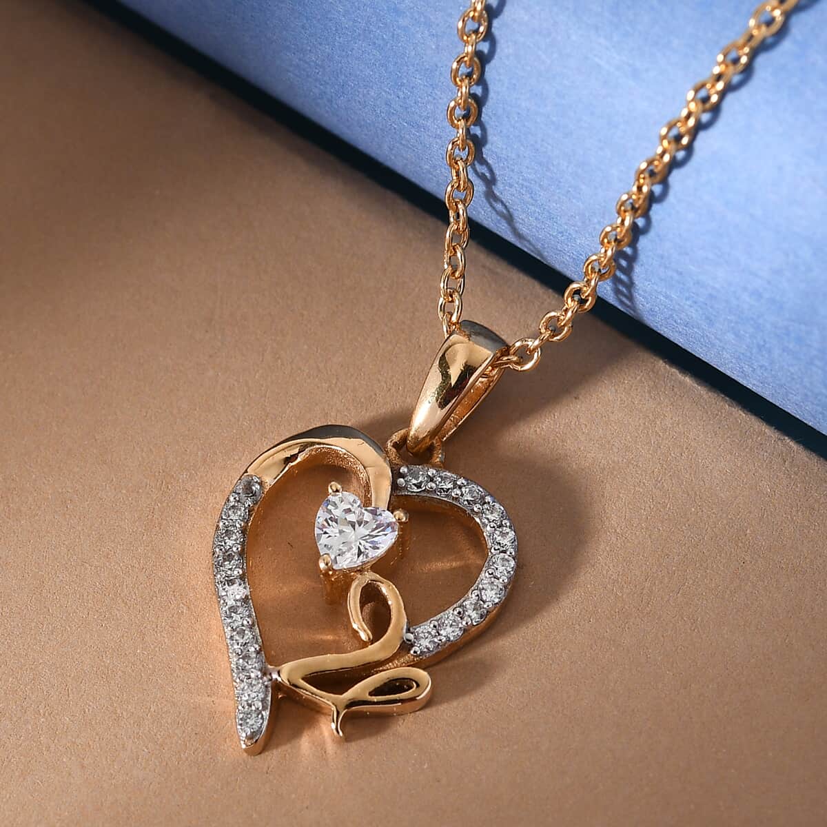 KARIS Simulated Diamond Initial V Heart Pendant Necklace 20 Inches in 18K YG Plated and ION Plated Yellow Gold Stainless Steel 0.80 ctw image number 1