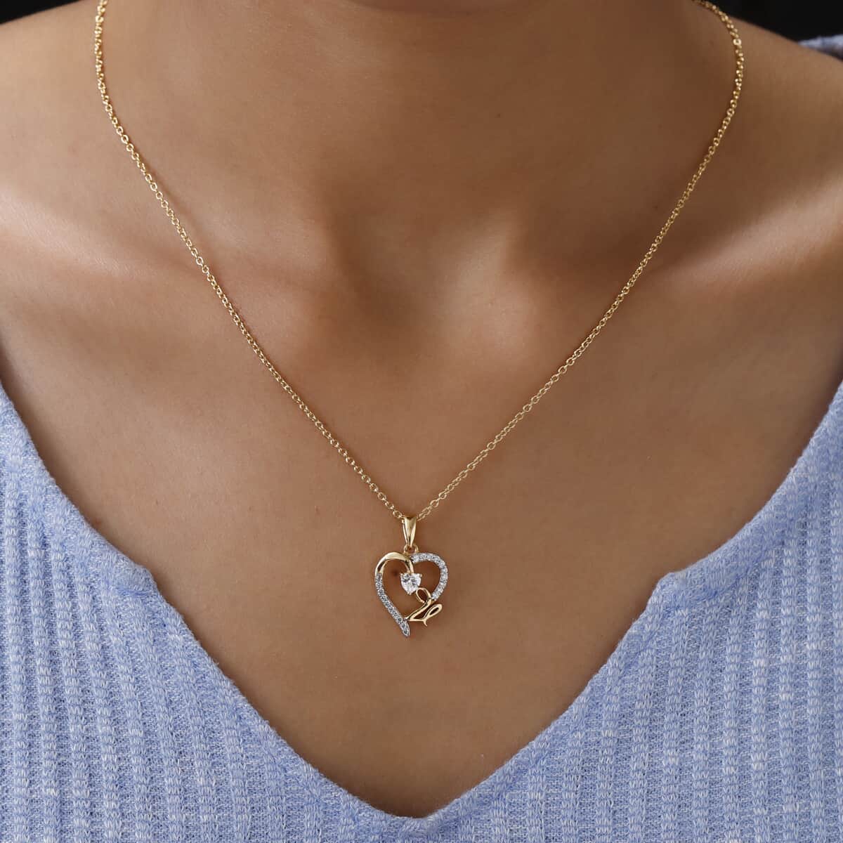 KARIS Simulated Diamond Initial V Heart Pendant Necklace 20 Inches in 18K YG Plated and ION Plated Yellow Gold Stainless Steel 0.80 ctw image number 2