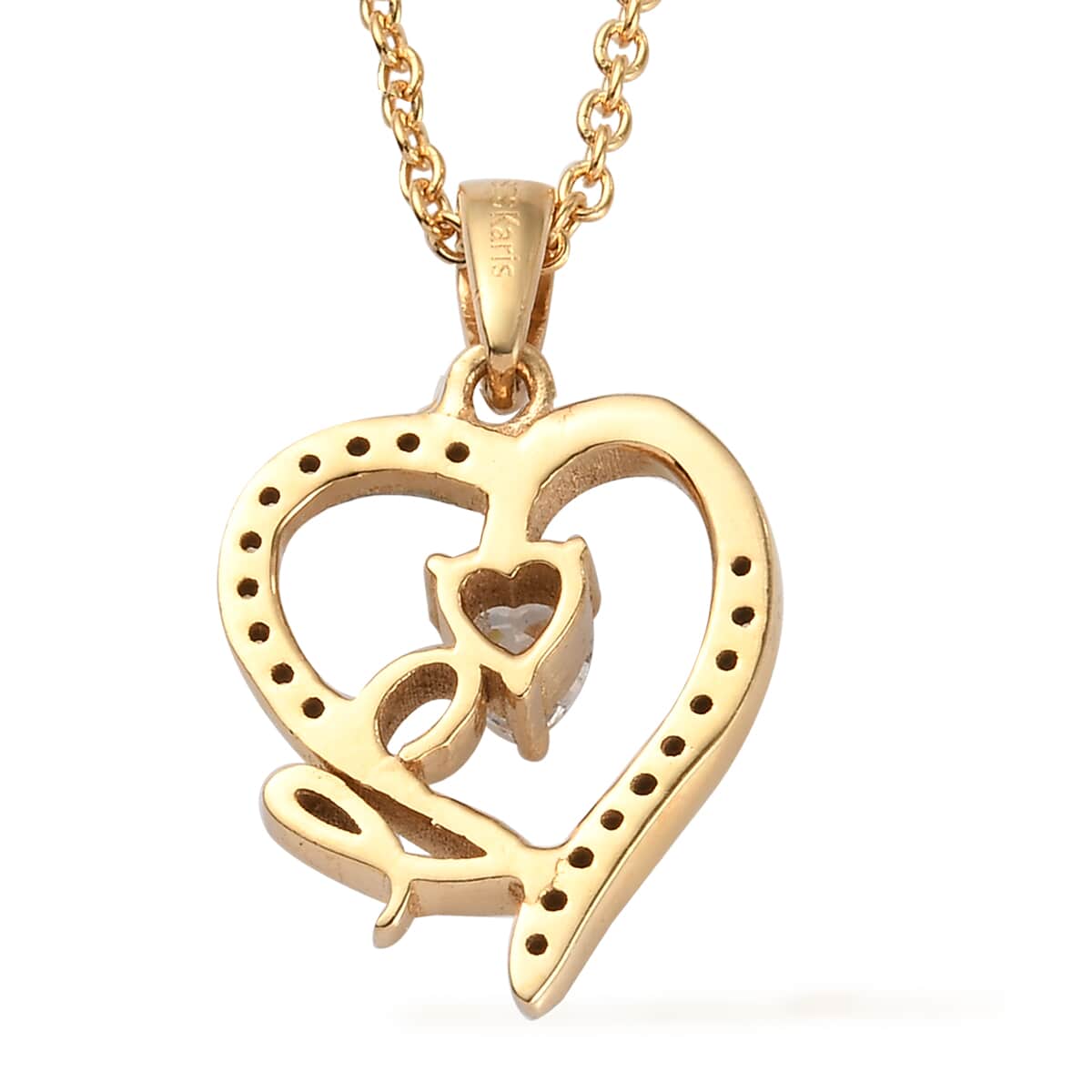 KARIS Simulated Diamond Initial V Heart Pendant Necklace 20 Inches in 18K YG Plated and ION Plated Yellow Gold Stainless Steel 0.80 ctw image number 4