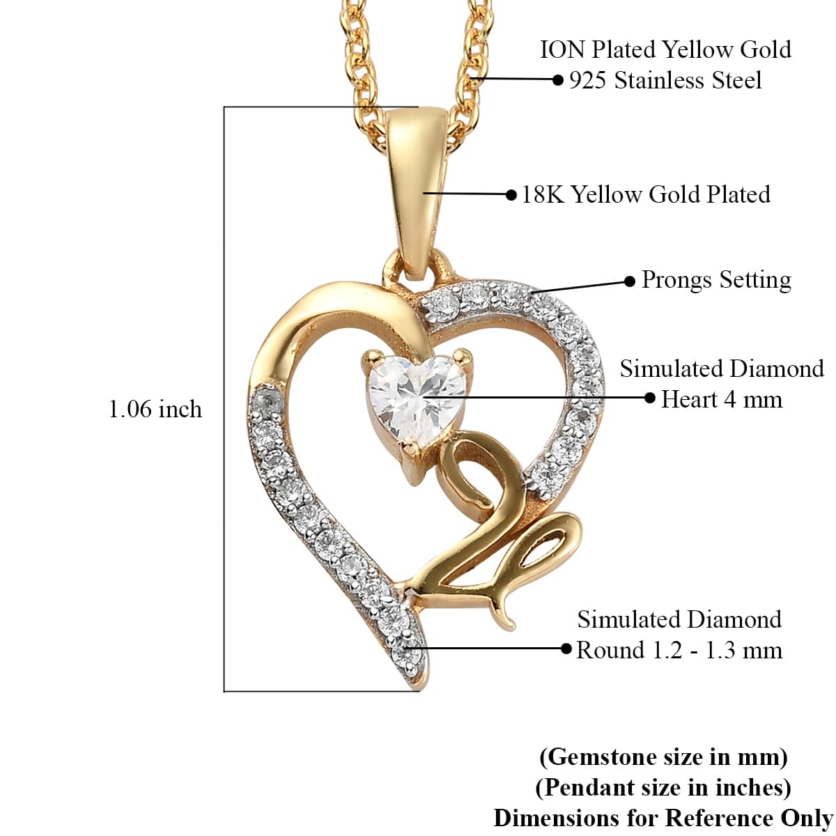 KARIS Simulated Diamond Initial V Heart Pendant Necklace 20 Inches in 18K YG Plated and ION Plated Yellow Gold Stainless Steel 0.80 ctw image number 5