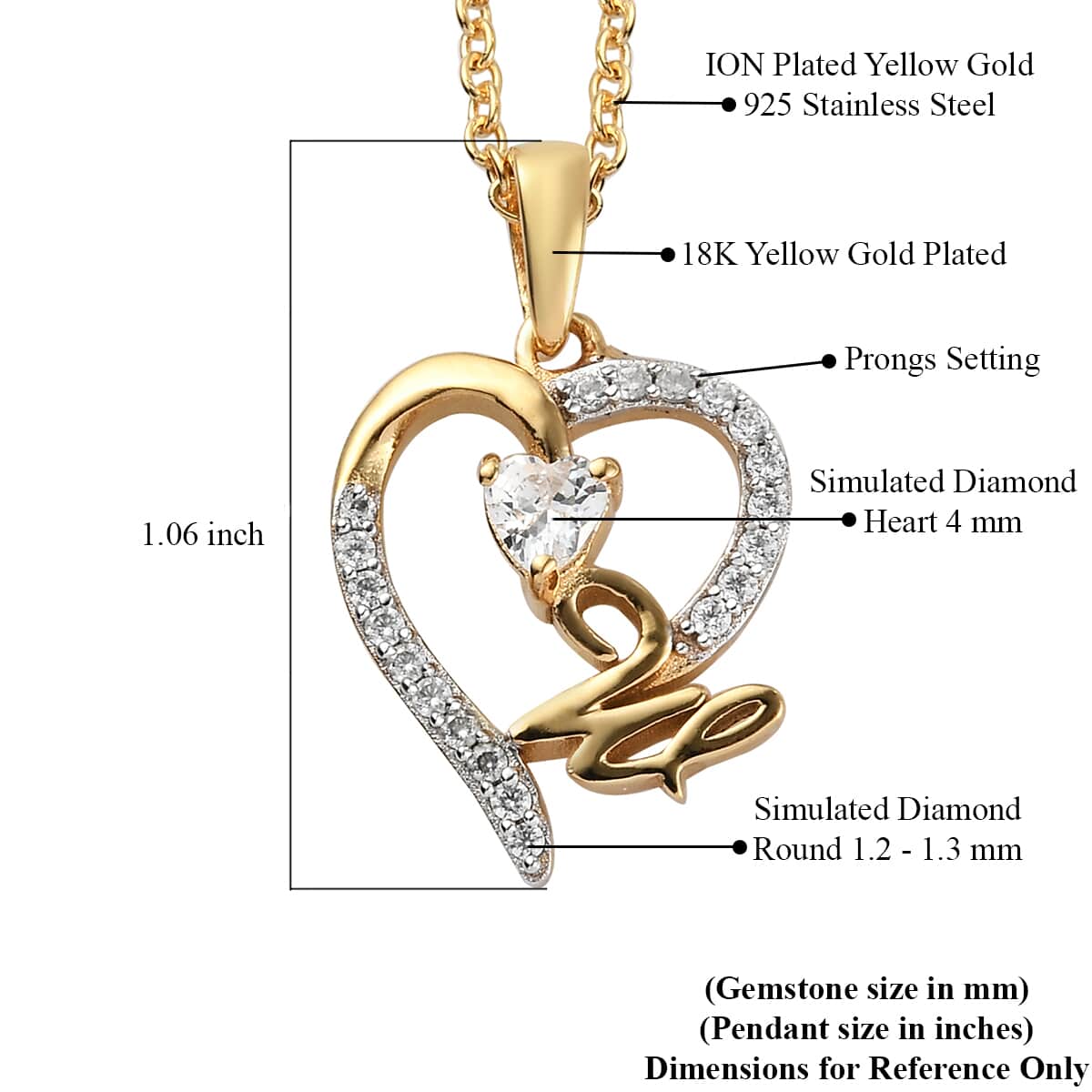KARIS Simulated Diamond Initial W Heart Pendant Necklace 20 Inches in 18K YG Plated and ION Plated Yellow Gold Stainless Steel 0.80 ctw image number 5