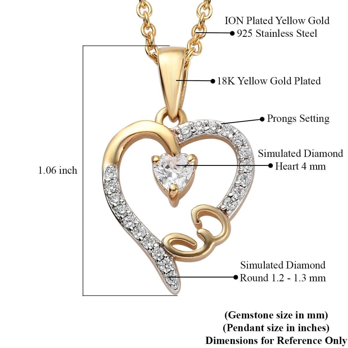 Karis Simulated Diamond Initial Z Heart Pendant Necklace 20 Inches in 18K YG Plated and ION Plated Yellow Gold Stainless Steel 0.80 ctw image number 5