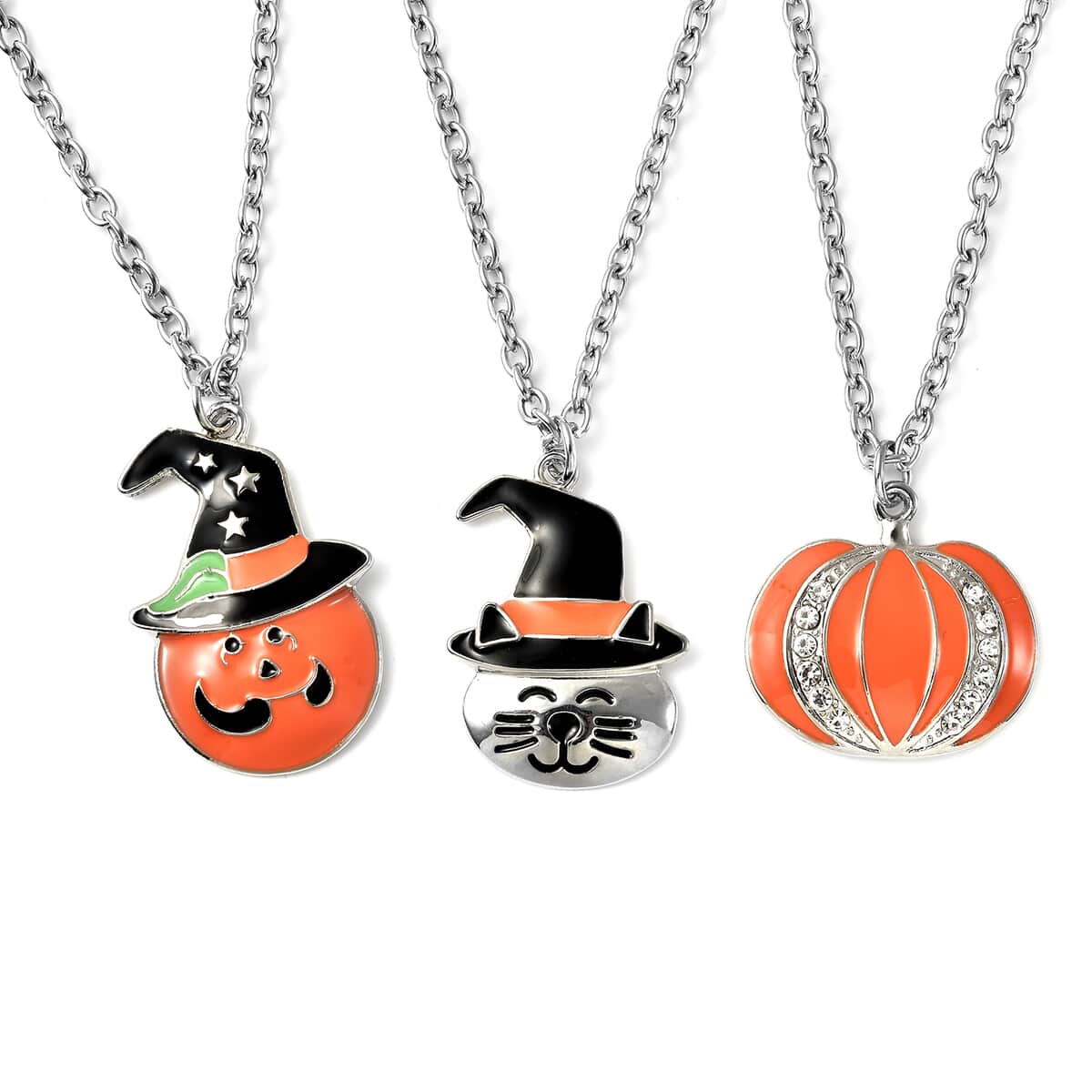 Halloween Set of 3 Austrian Crystal and Enameled Jack-O-Lantern, Kitty and Pumpkin Necklace 20 Inches in Silver image number 0